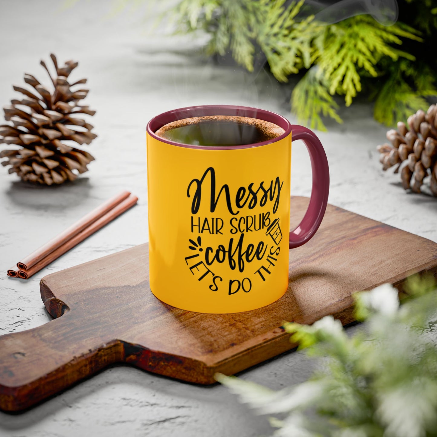Holiday Coffee Cups with Festive Quotes & Designs Messy Hair Coffee Mug - Fun Yellow Ceramic Cup for Coffee Lovers