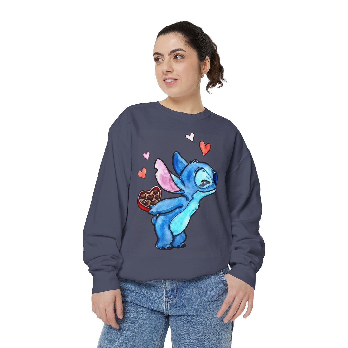 Stitch Valentine Sweatshirt — Cute Blue Alien with Hearts & Chocolate Pocket