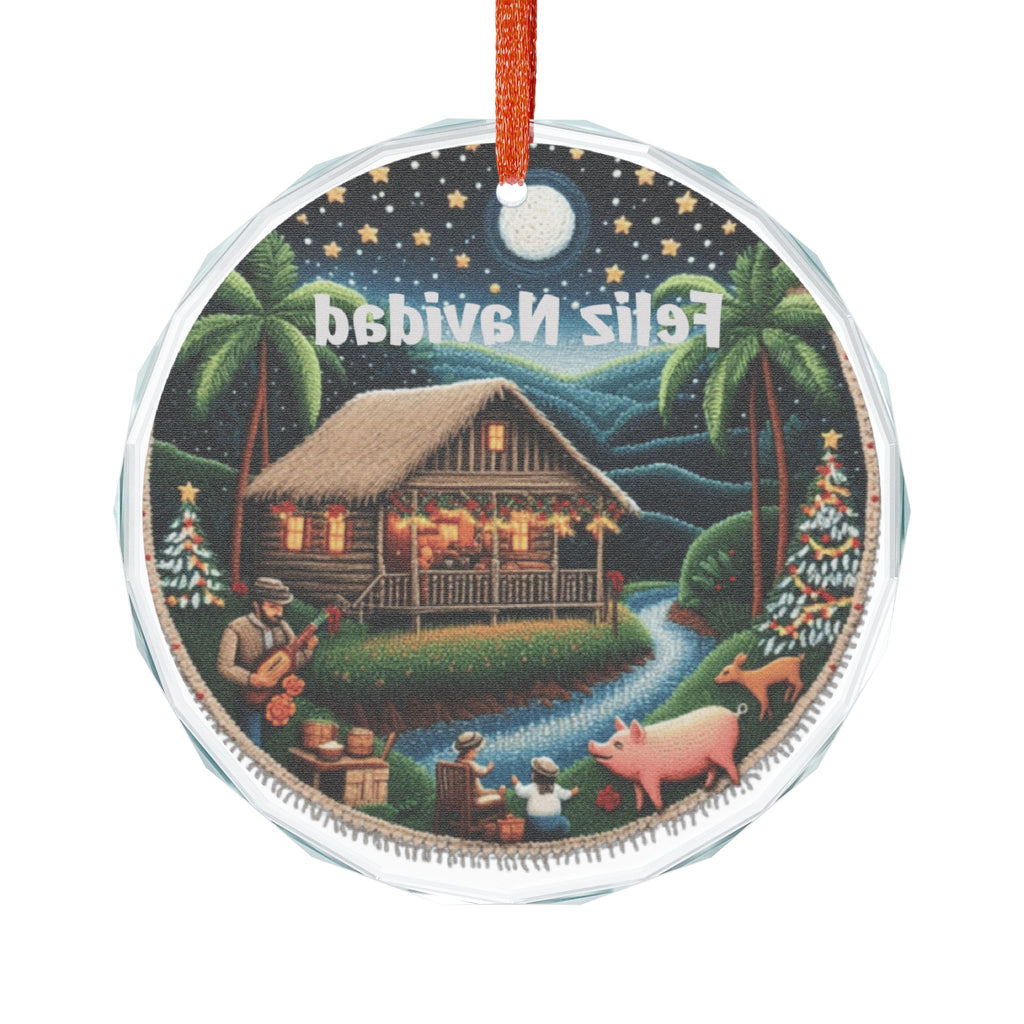 Feliz Navidad Tropical Cabin Crystal Ornament Handcrafted Glass Ball | Puerto Rican Christmas Decor
