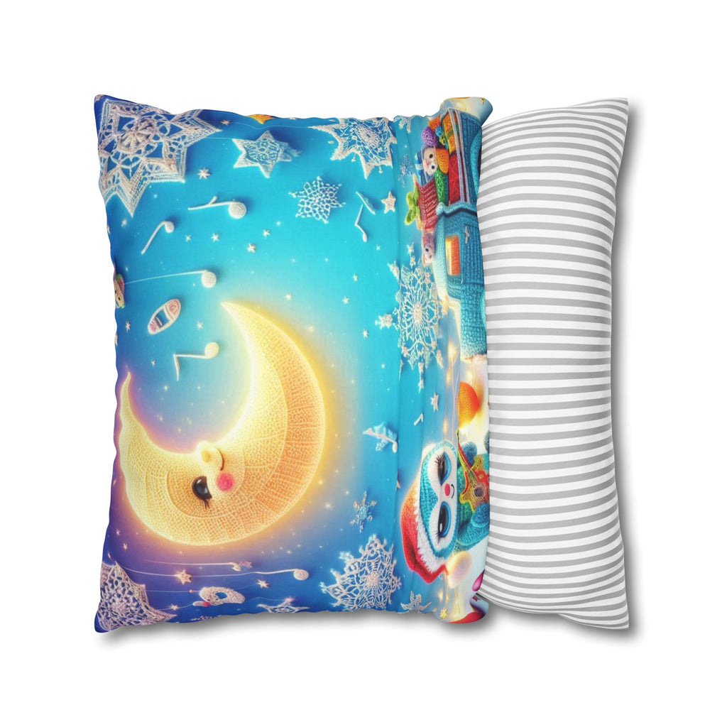 Whimsical Moon & Penguin Holiday Pillowcase  Faux Suede Square Throw Pillow