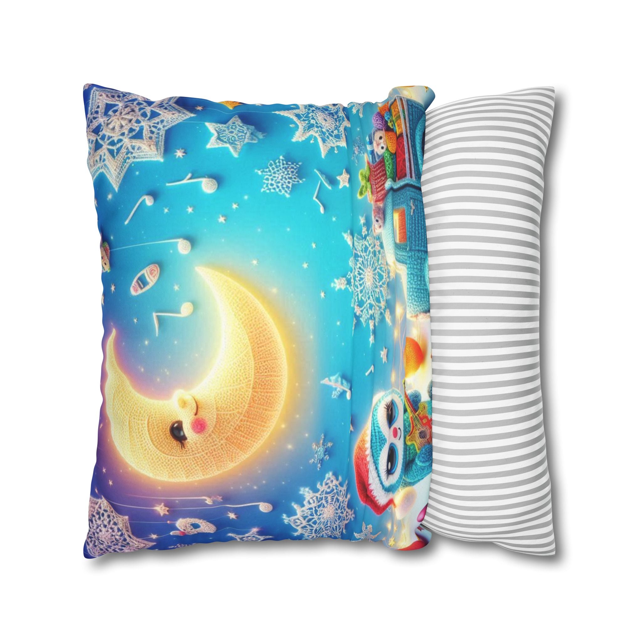 Whimsical Moon & Penguin Holiday Pillowcase  Faux Suede Square Throw Pillow