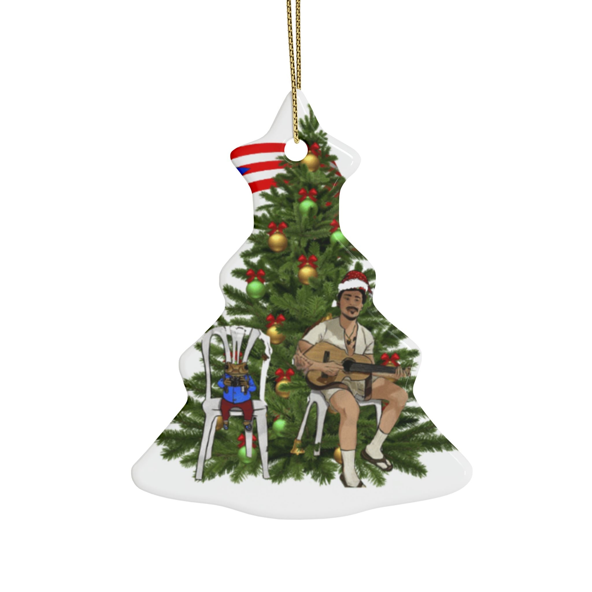 Puerto Rican Christmas Ornament Coquí & Palm Tree Ornament  Festive Tree with Guitarist Ceramic Heart Ornament