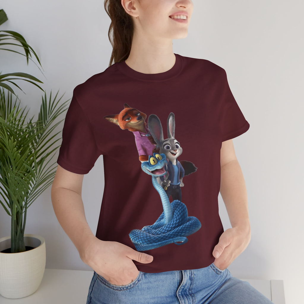 Animated Character Tee — Cute Fox & Bunny Stack Graphic T-Shirt  cartoon-style Christmas artwork