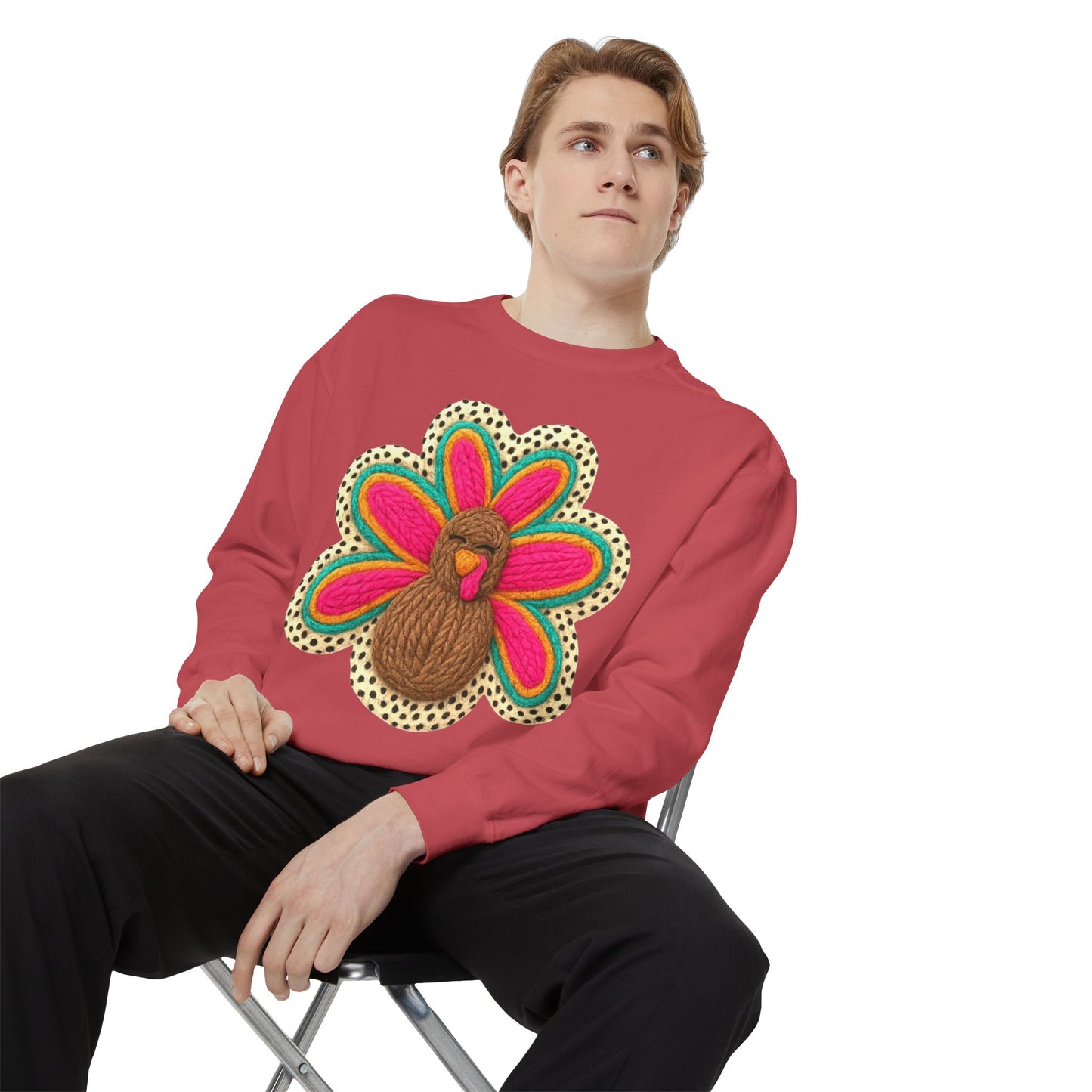 Festive Holiday Designs Turkey Patch Sweatshirt — Colorful Embroidered Thanksgiving Pullover