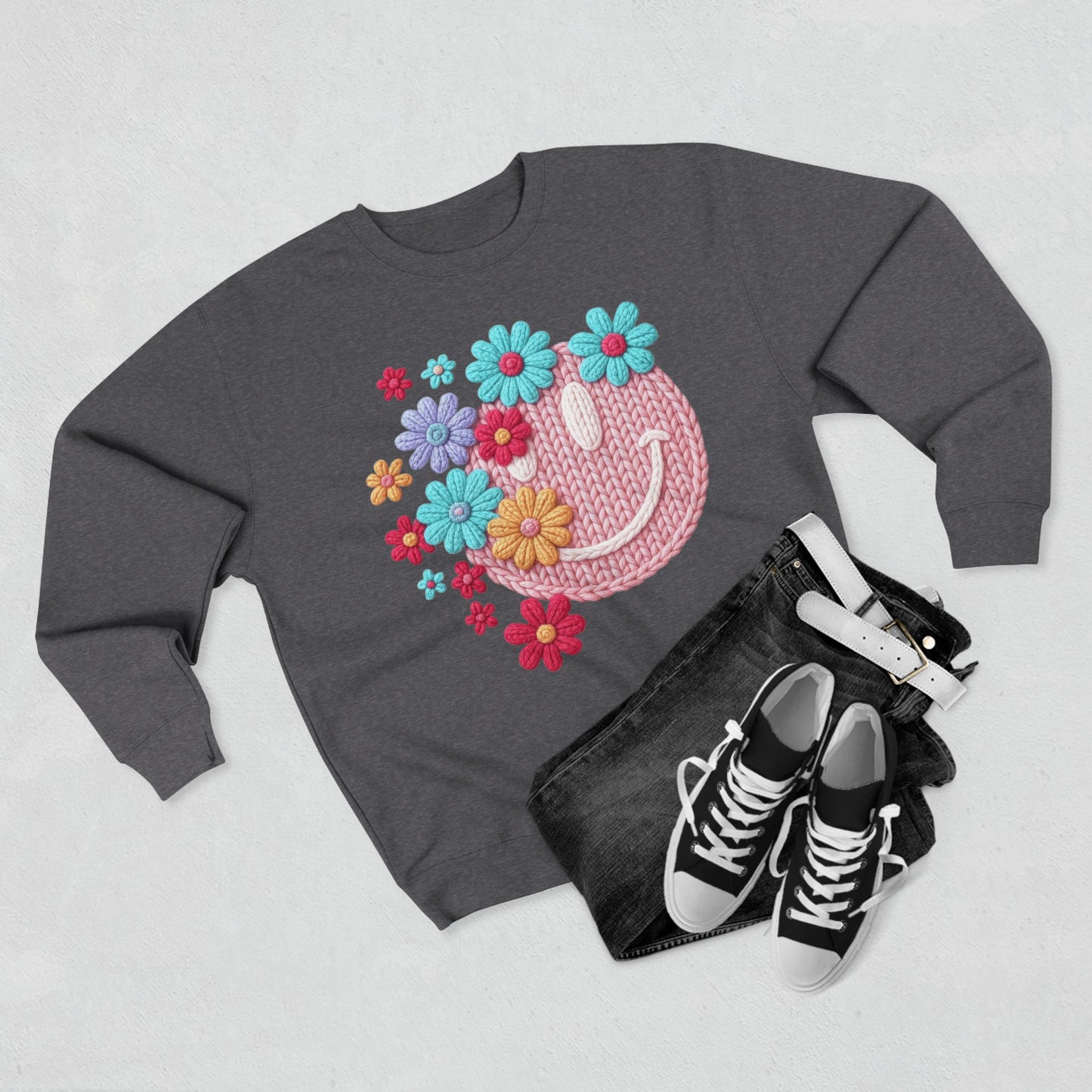 Floral Knit Smile Sweatshirt Cozy, Unbothered