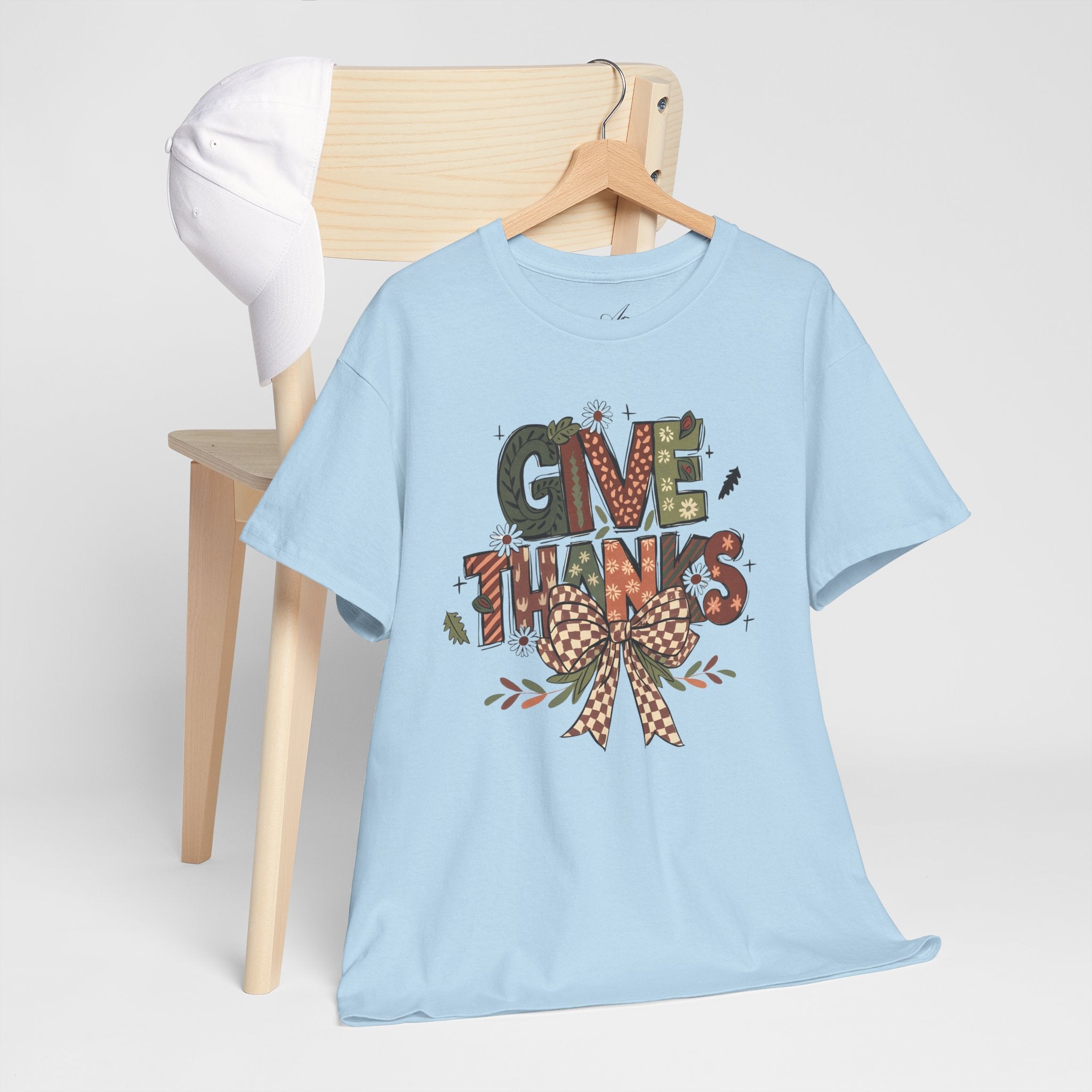 Give Thanks Tee Thanksgiving Graphic T-Shirt with Rustic Bow Design