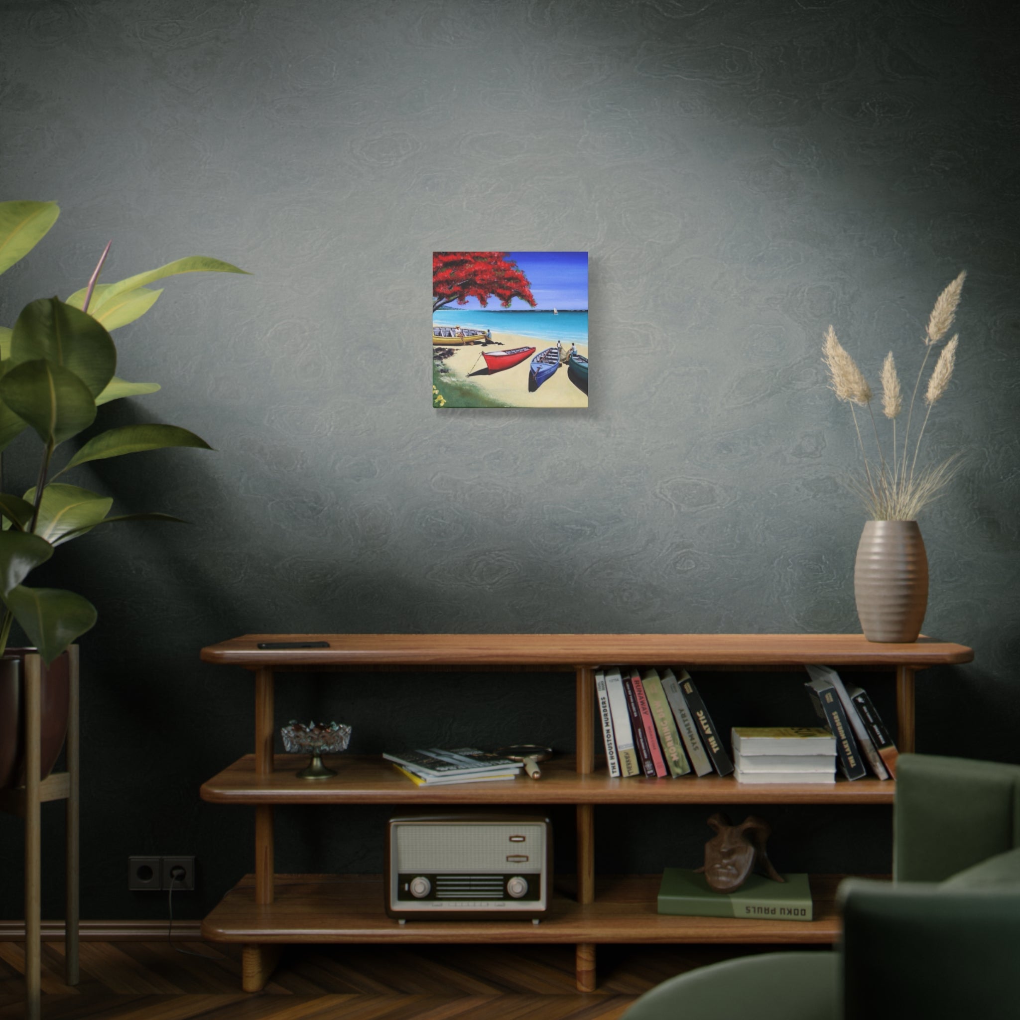 Beach Canoes Canvas Wall Art Tropical Seaside Landscape Matte Stretched Canvas