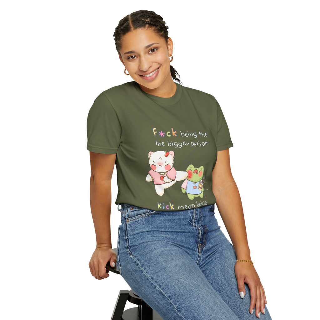 Graphic T-Shirt  Cute Kicking Cat & Frog with 'F*ck Being The Bigger Person' Slogan