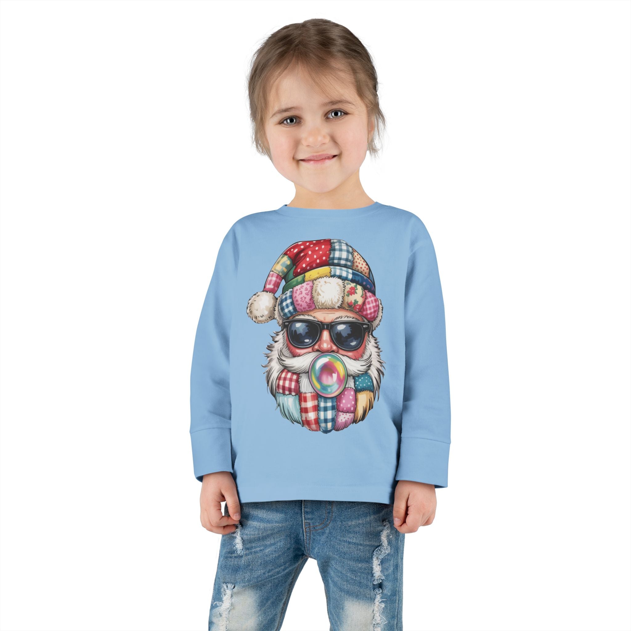 Toddler Long Sleeve Tee  Cool Santa with Patchwork Hat & Bubblegum Graphic