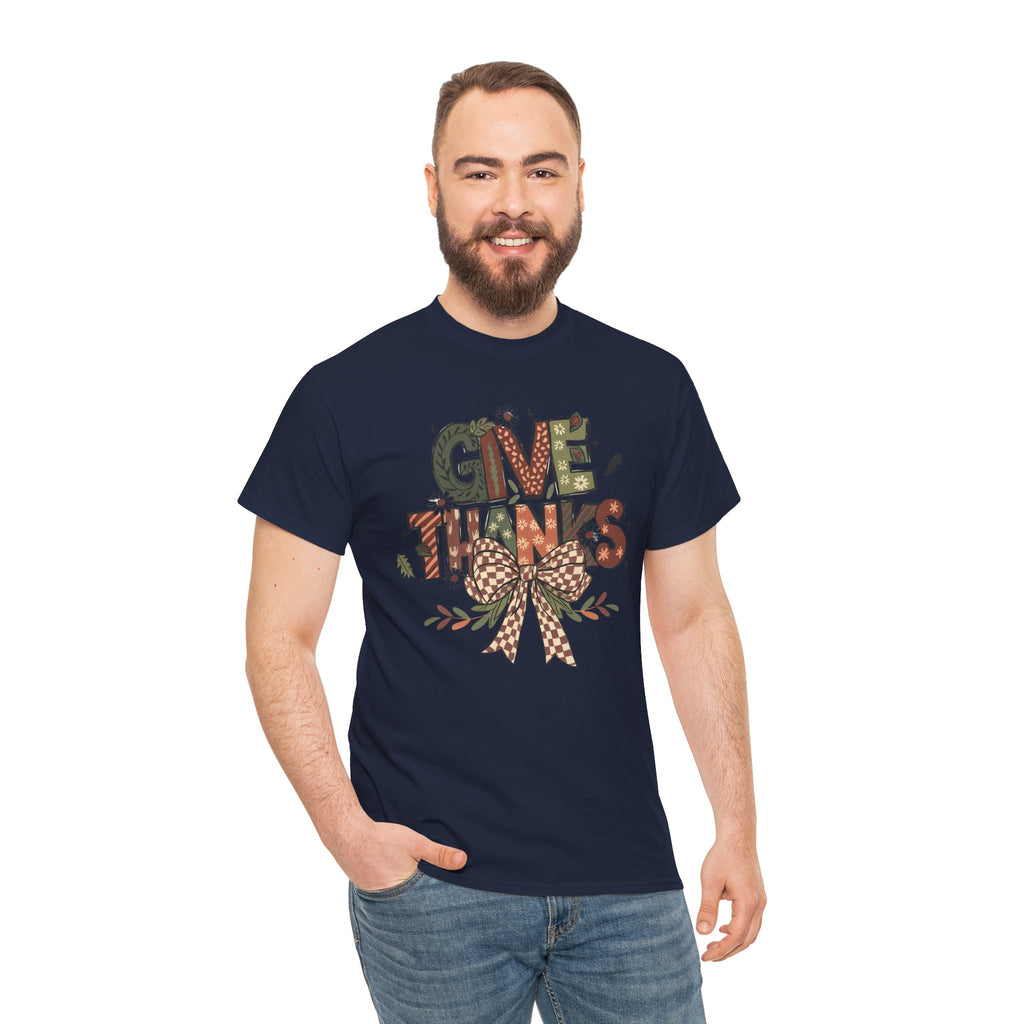 Give Thanks Tee Thanksgiving Graphic T-Shirt with Rustic Bow Design