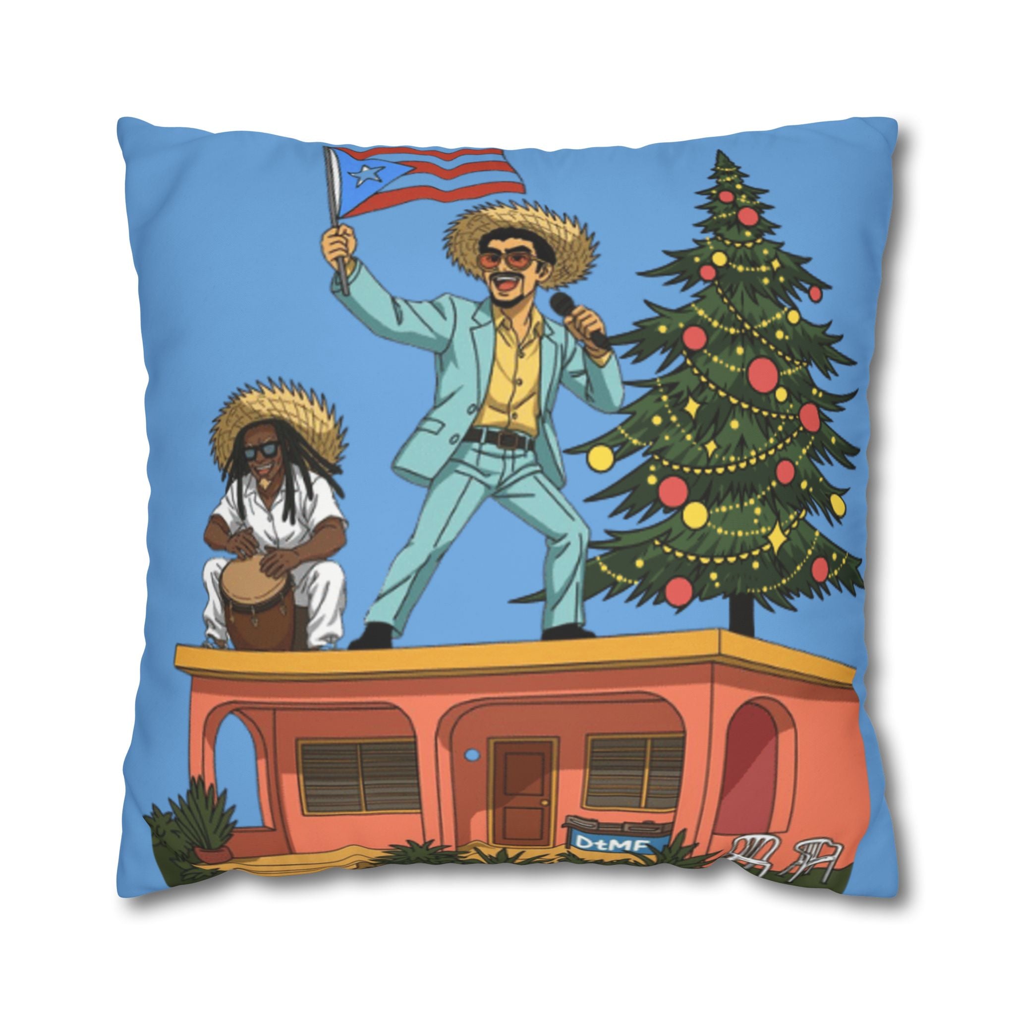 Holiday Vibes Pillow — Festive Duo Singing on Rooftop Christmas Throw Pillow Puerto Rico Culture Pillow