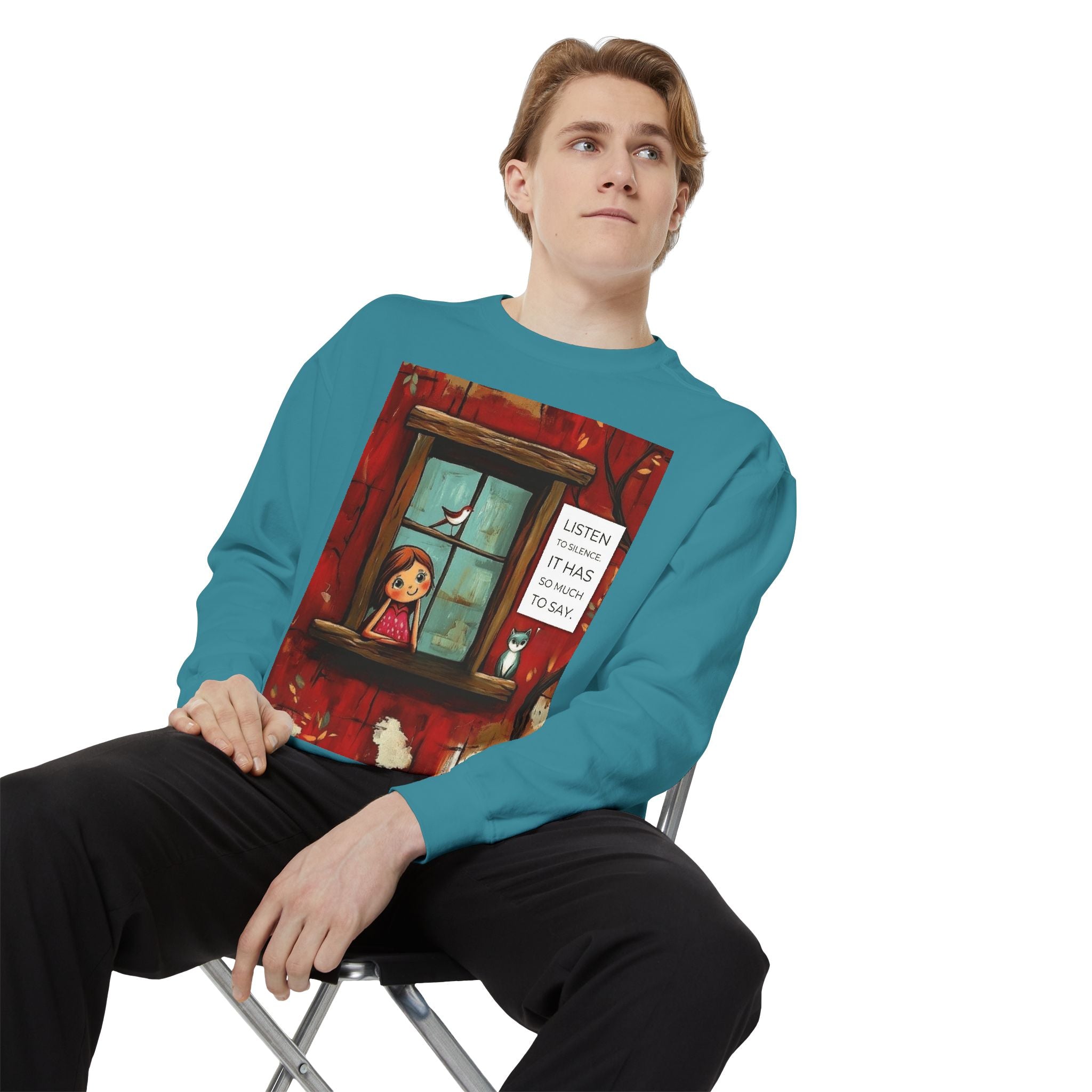 Cozy Window Scene Sweatshirt  "Listen, It Has So Much to Say" Graphic
