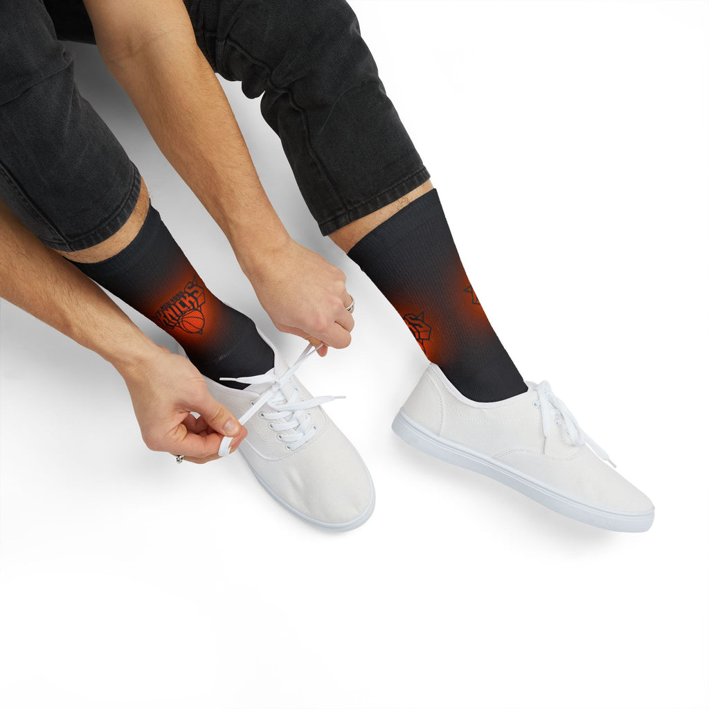 Basketball-Inspired Pattern Crew Socks — Retro Sports Sublimation Socks — Orange Gradient Crew Socks for Fans