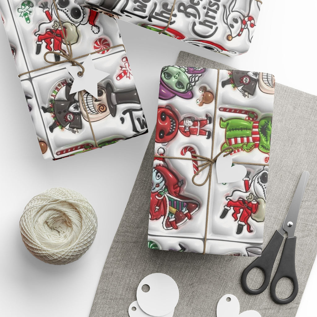Christmas Character Wrapping Paper Roll — Cute Festive Santa & Skeleton Gift Wrap Whimsical Holiday Gift Wrap