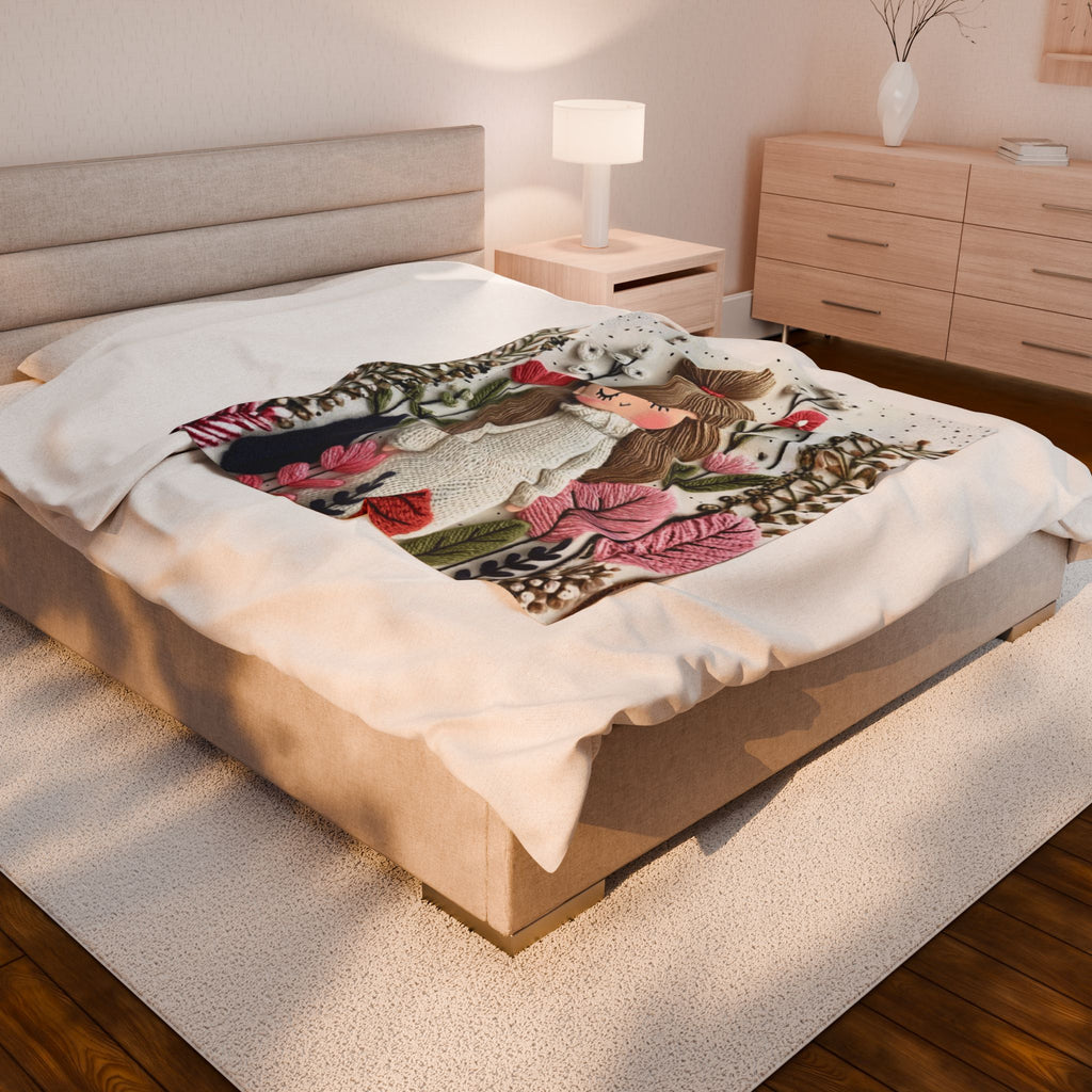 Plush Blanket — Cozy Girl in Floral Meadow Velveteen Throw
