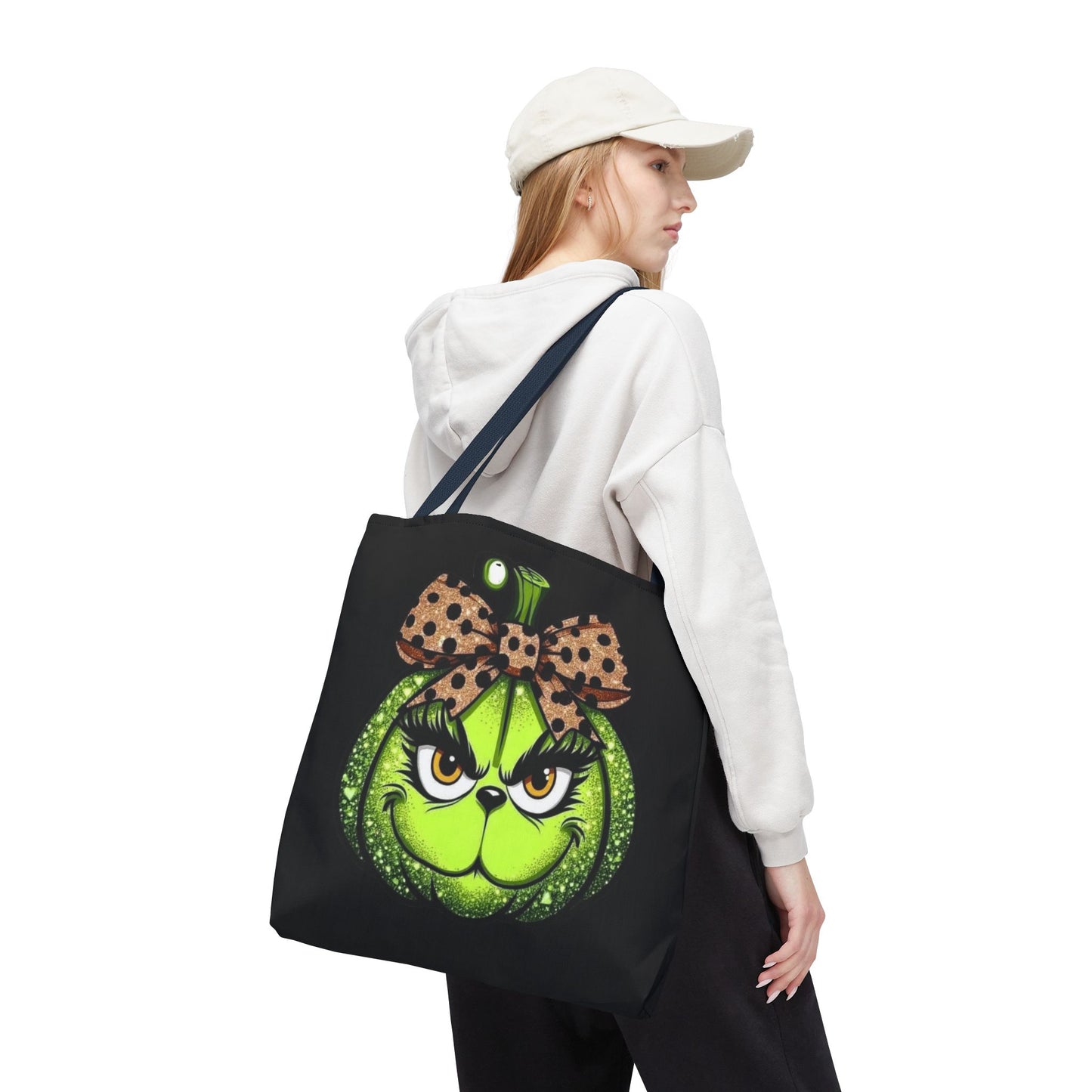 Grinch-Inspired Tote Bag with Polka Dot Bow Christmas Tote Bag Festive Holiday Design
