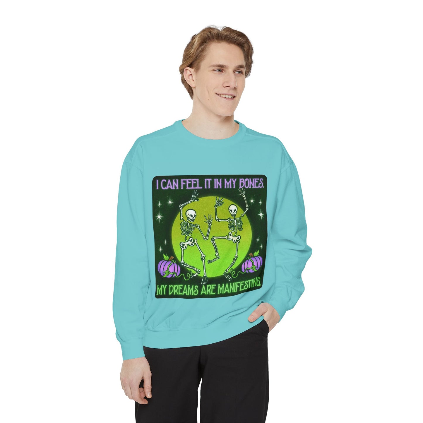 Spooky Manifesting Sweatshirt, Unisex Skeleton Pullover, Halloween Apparel, Cozy Fall Fashion, Casual Trendy Top, Unique Gift