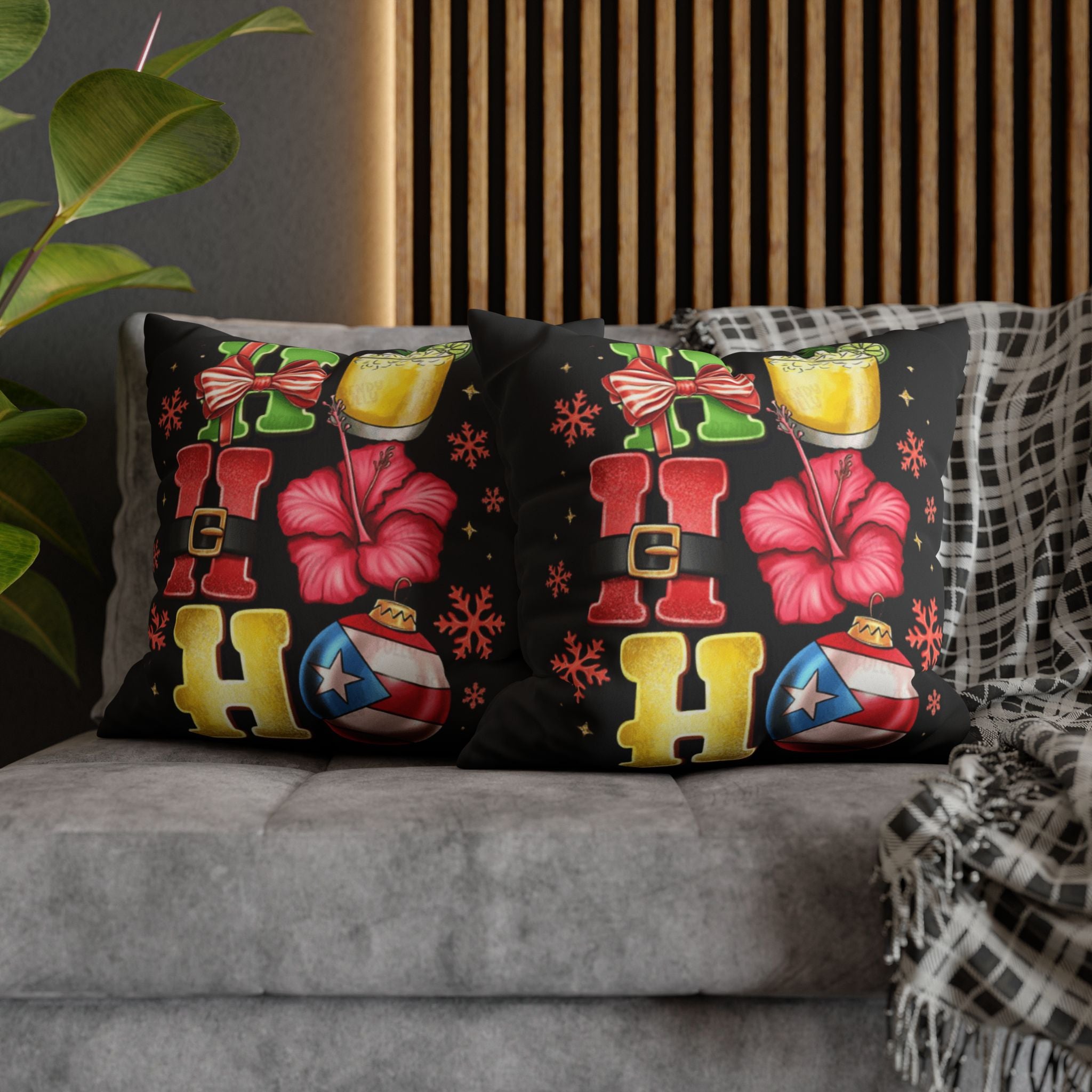 Holiday HOHO Pillow Cover  Puerto Rico Ornament, Hibiscus & Coquito Christmas Throw Pillowcase