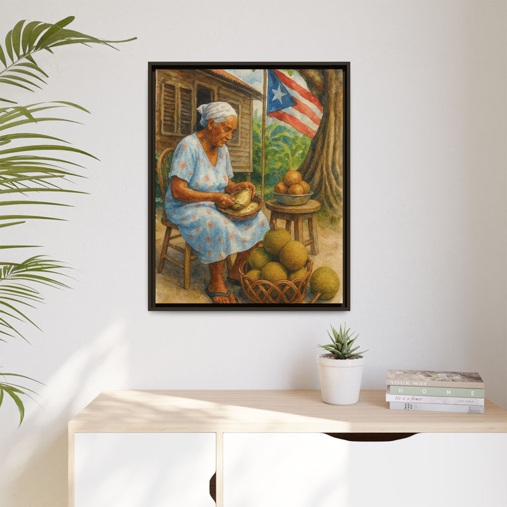 Cultural & Story-Driven These Puerto Rico inspired  Framed Matte Canvas Print  Woman Shelling Fruit Vintage Tropical Painting