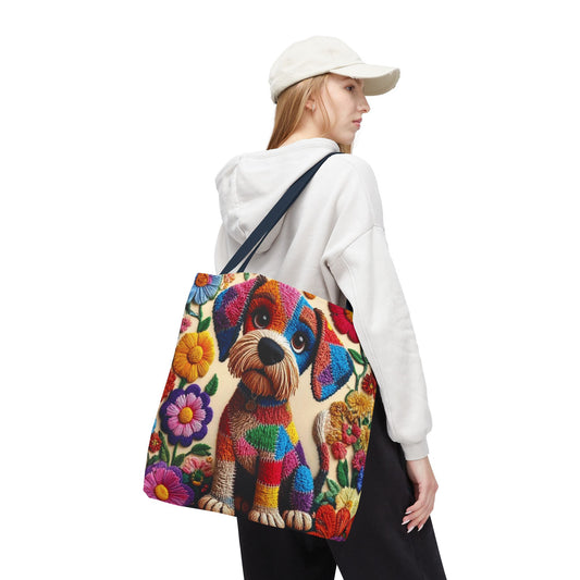 Colorful Patchwork Puppy Tote Bag — Cute Dog Floral AOP Shopper Crochet-Decorated Tote Bags