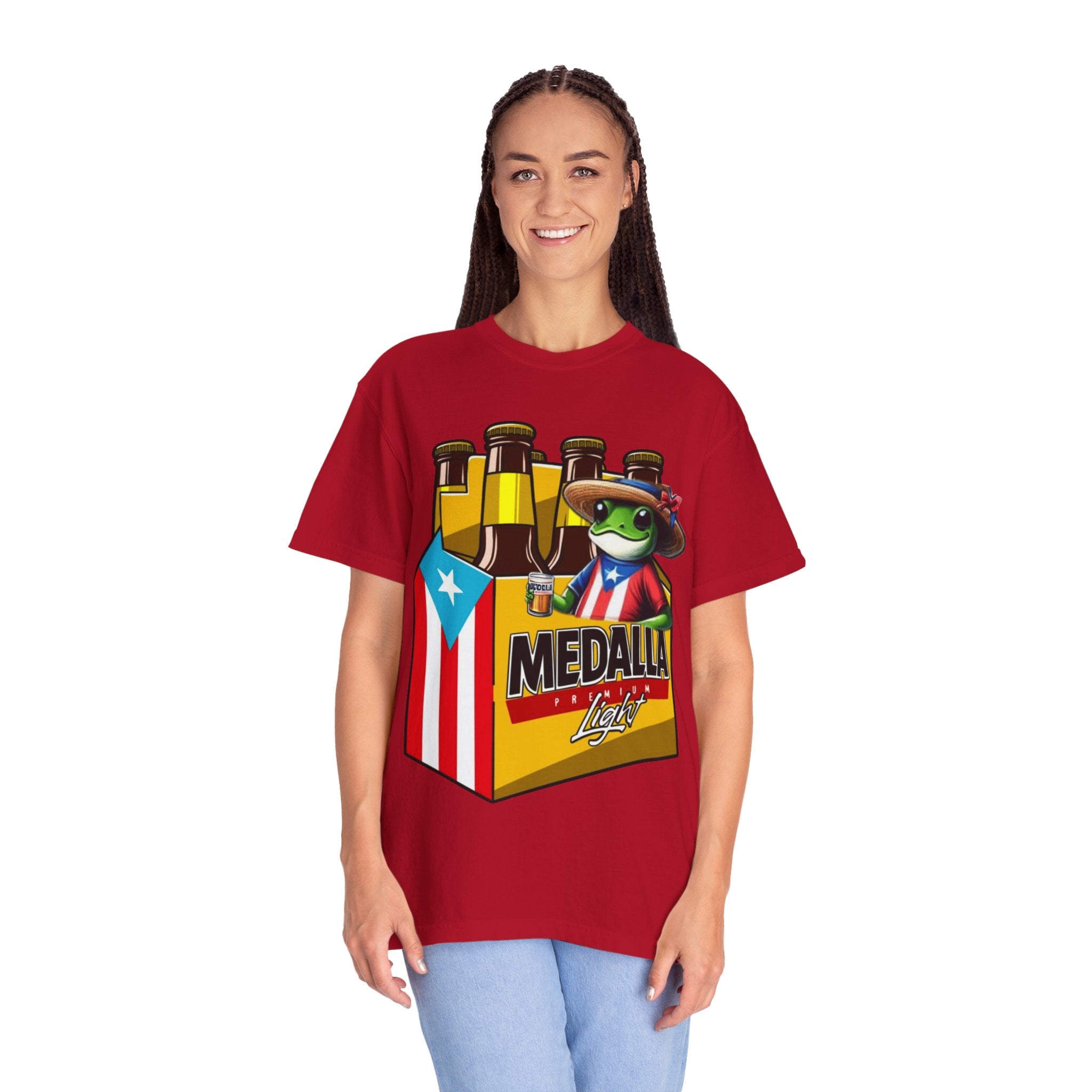 Medalla Light Puerto Rican Beer T-Shirt Coqui Frog Mascot Six-Pack Graphic Tee Puerto Rico’s Navidades