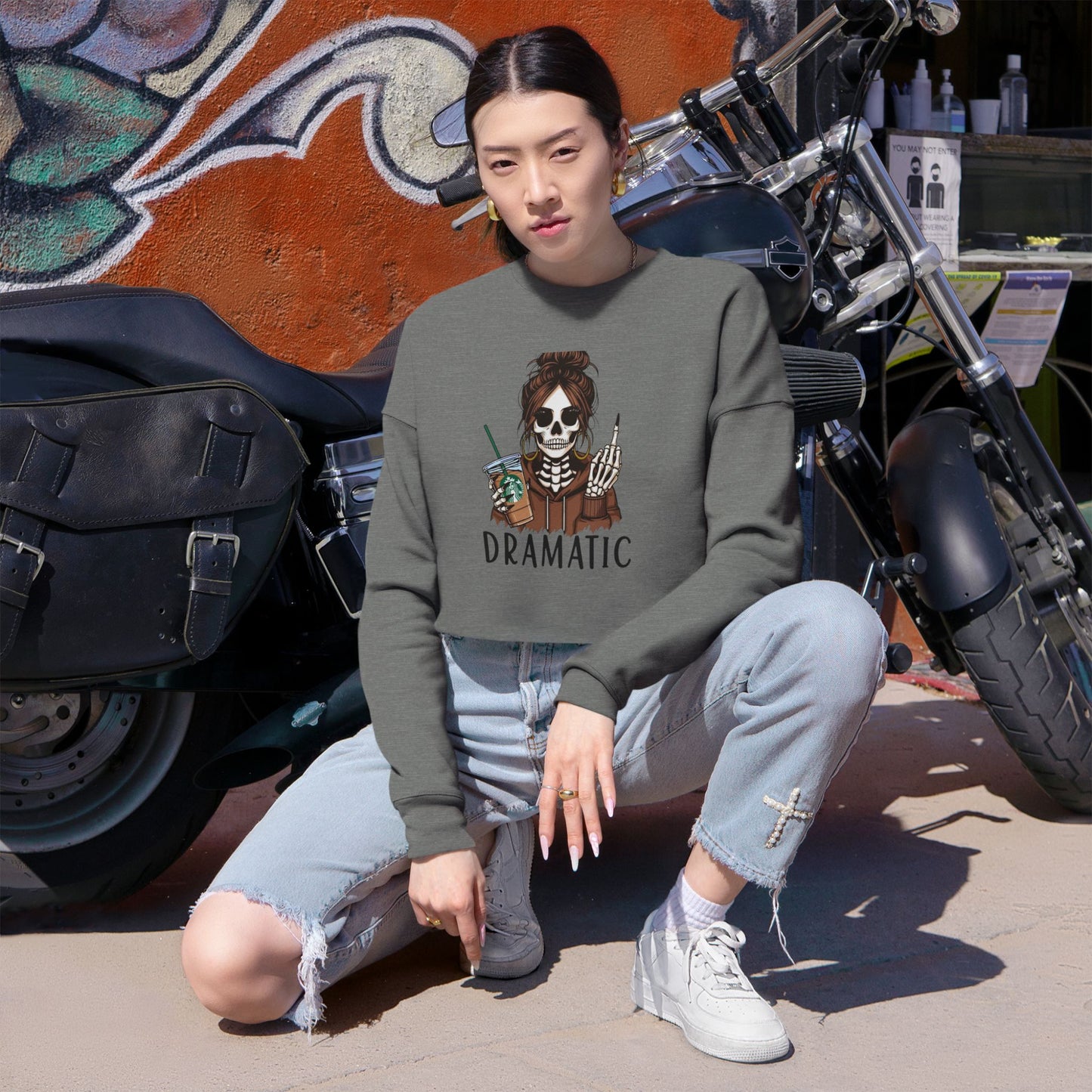 Dramatic Skeleton Cropped Sweatshirt - Trendy Apparel for Artists, Halloween Fashion, Casual Wear, Gifts for Creatives, Fall Style