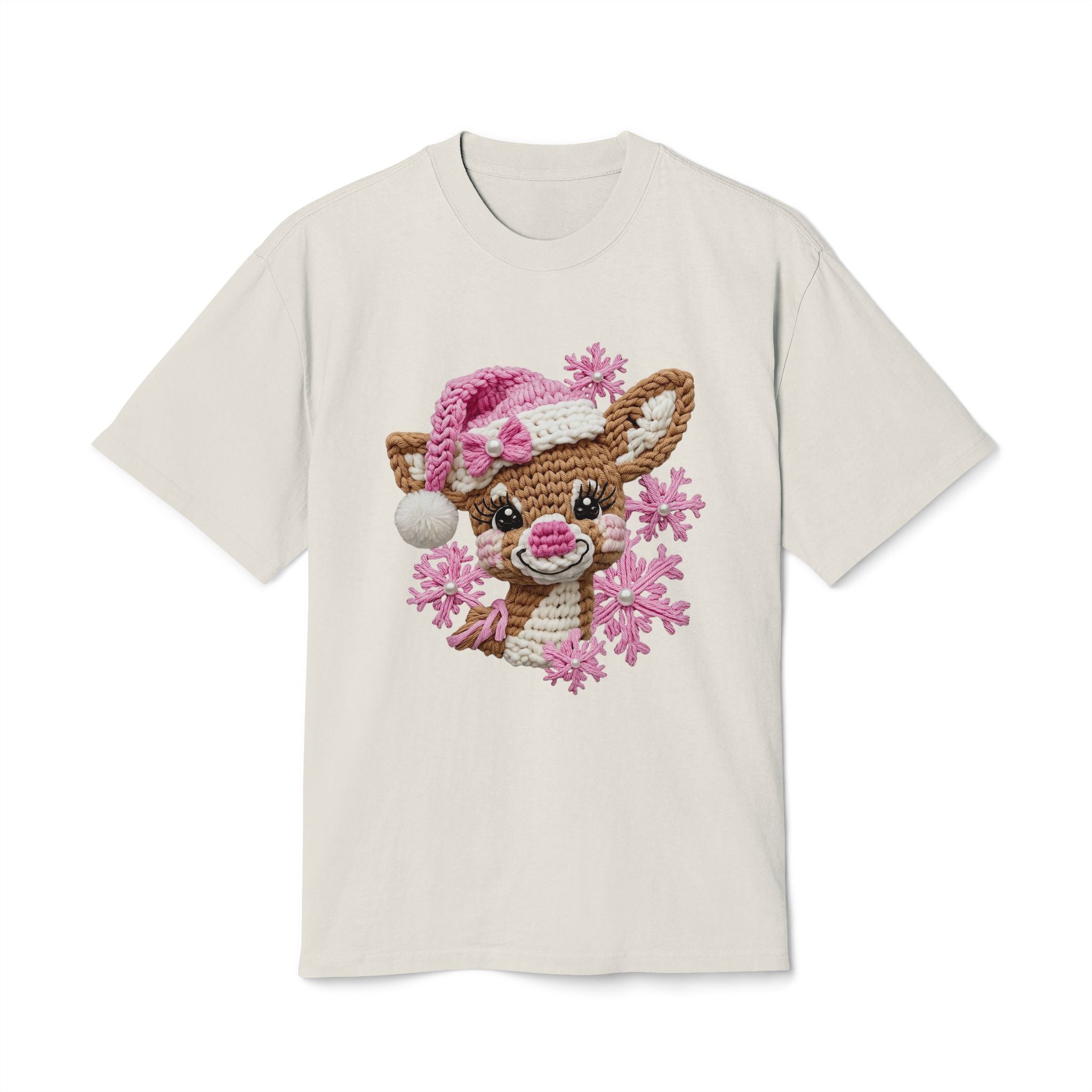 Cute Reindeer Tee — Pink Santa Hat & Snowflakes Holiday T-Shirt  cartoon-style Christmas artwork