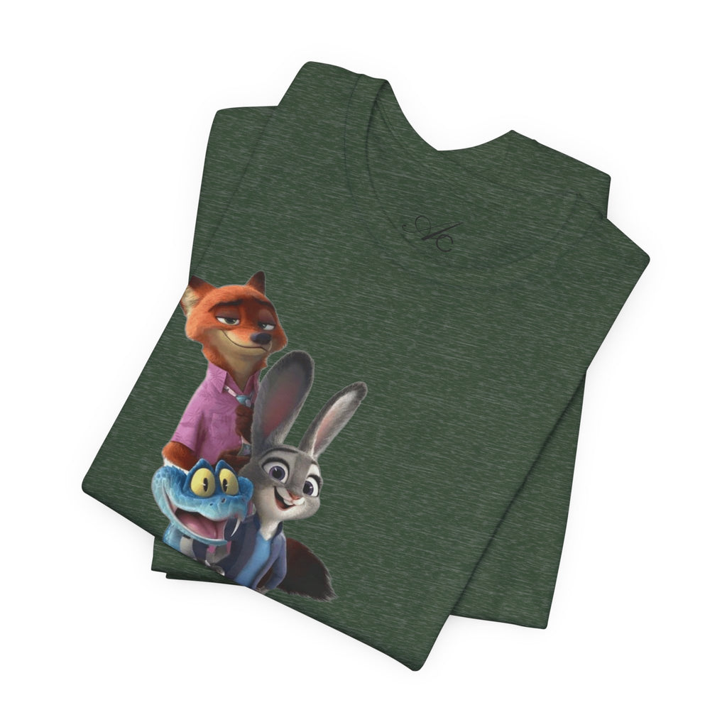 Animated Character Tee — Cute Fox & Bunny Stack Graphic T-Shirt  cartoon-style Christmas artwork