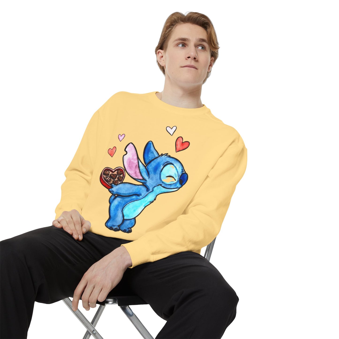 Stitch Valentine Sweatshirt — Cute Blue Alien with Hearts & Chocolate Pocket