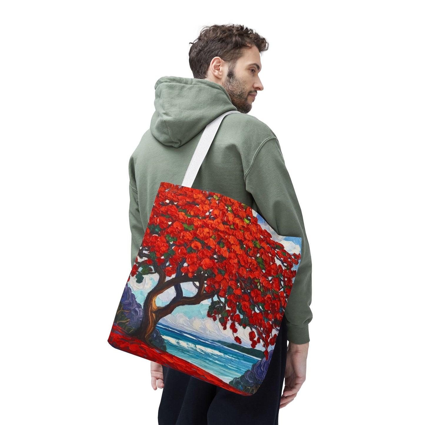 Red Blossom Beach Tote - Tropical Tree Art All-Over Print Tote Bag Crochet-Decorated Tote Bags