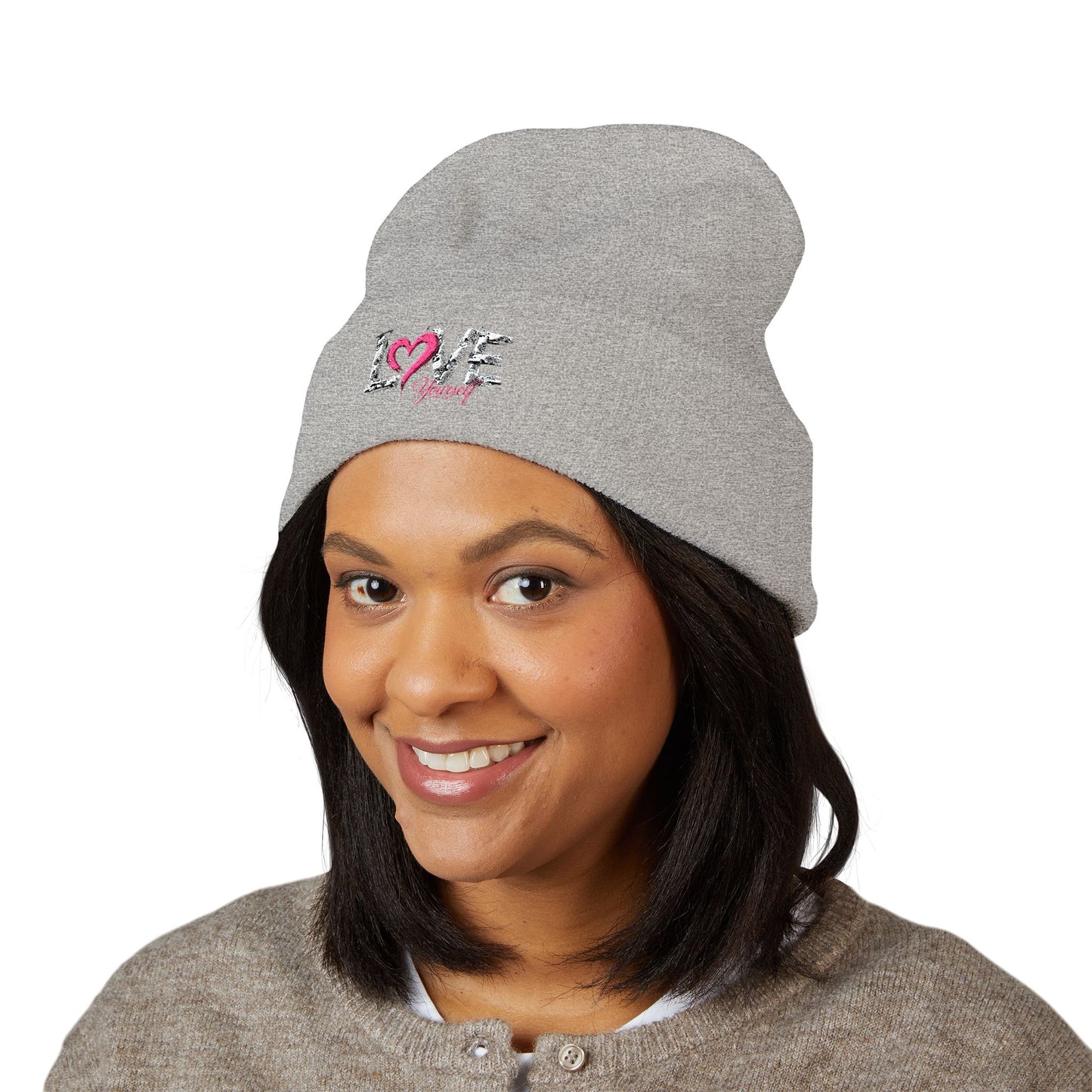 Embroidered 'Love' Heart Cuffed Beanie — Cozy Pink Accent Winter Hat