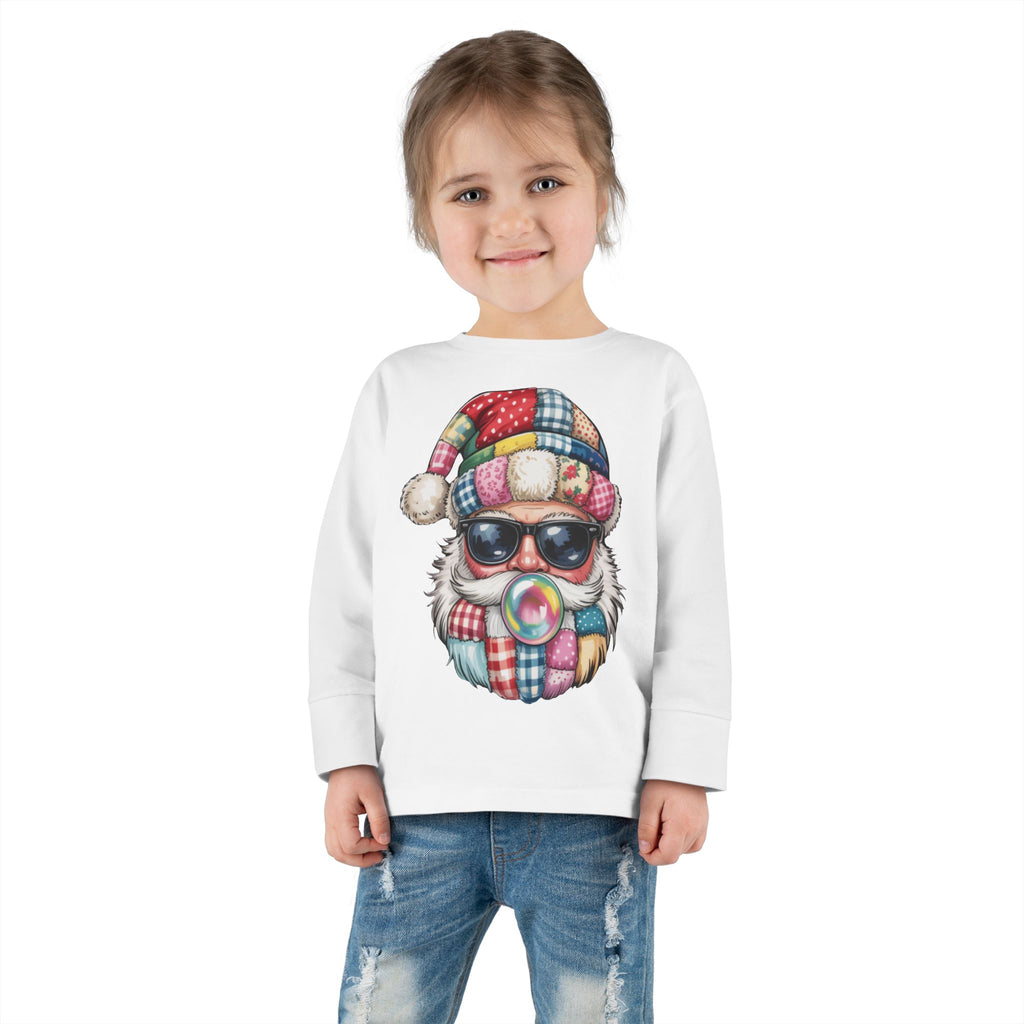 Toddler Long Sleeve Tee  Cool Santa with Patchwork Hat & Bubblegum Graphic