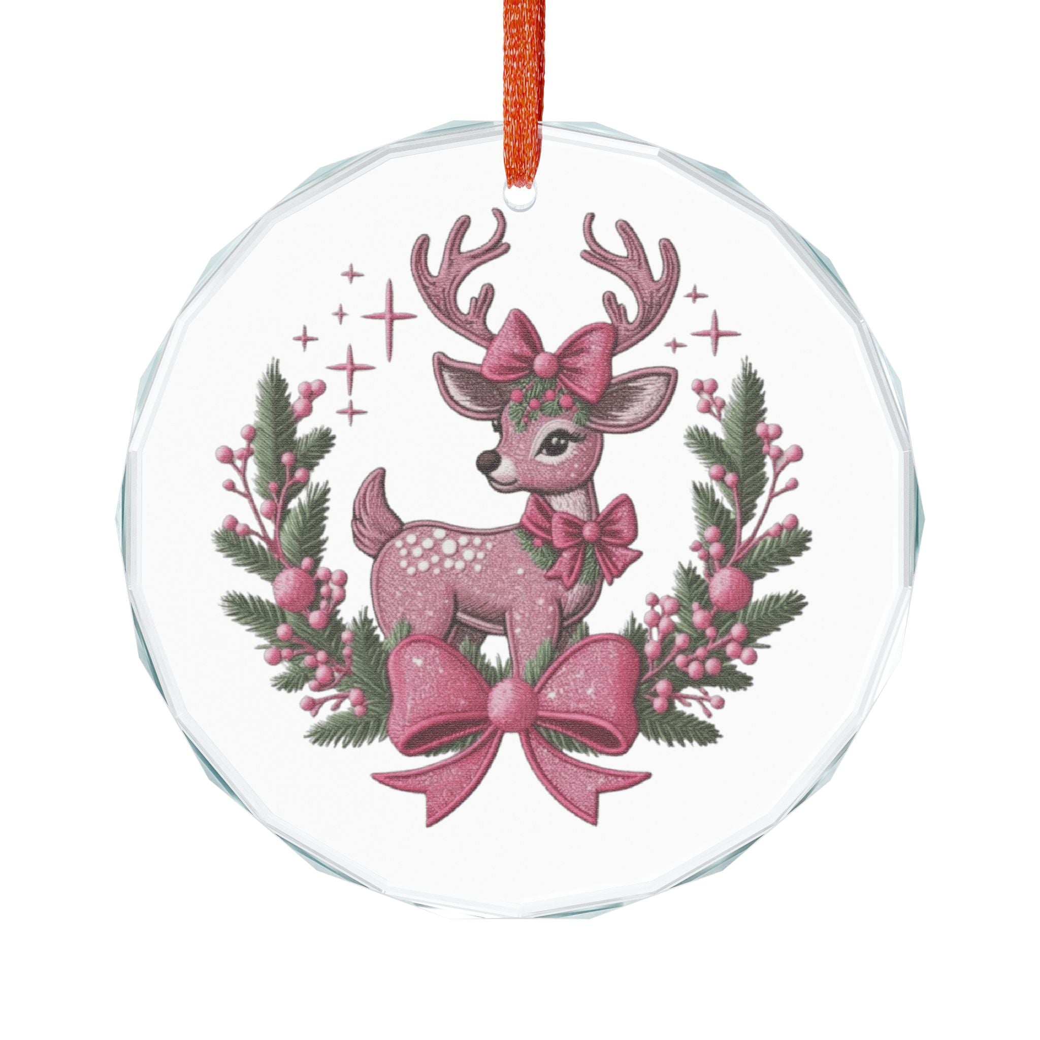 Crystal Heart Ornament — Pink Reindeer with Bows Christmas Decoration