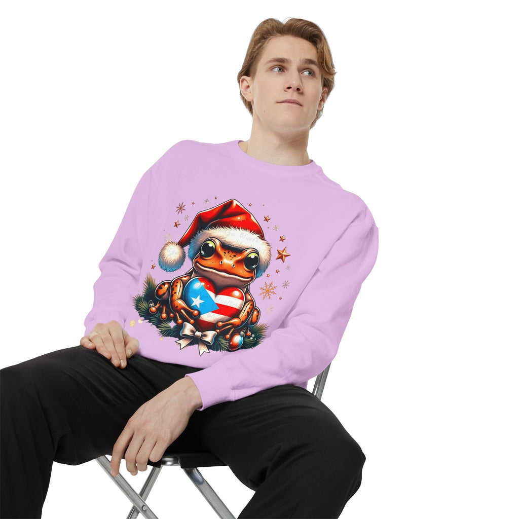 Christmas Coqui Sweatshirt — Cute Santa Frog Holding Ornament Holiday Sweater