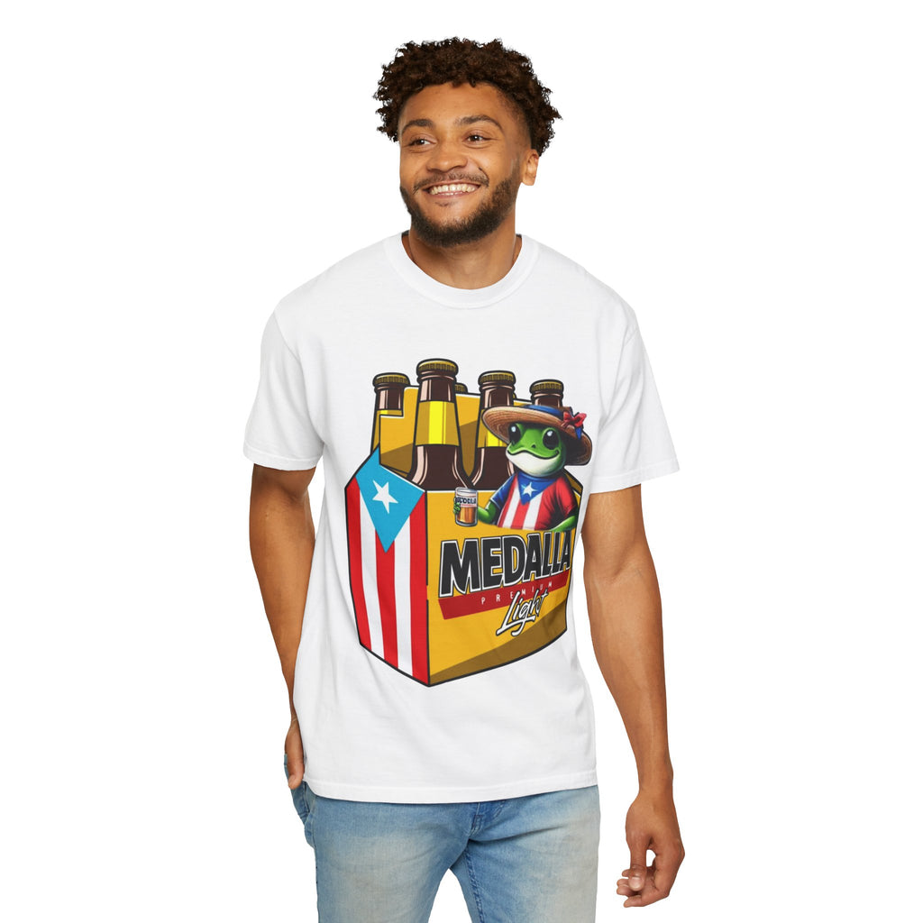 Medalla Light Puerto Rican Beer T-Shirt Coqui Frog Mascot Six-Pack Graphic Tee Puerto Rico’s Navidades