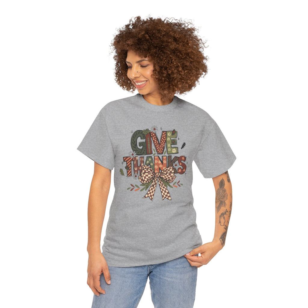 Give Thanks Tee Thanksgiving Graphic T-Shirt with Rustic Bow Design