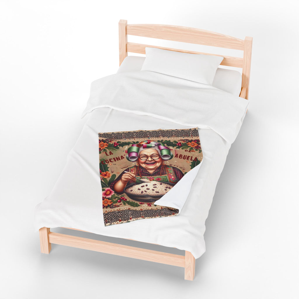 Grandma’s Cocina Velveteen Plush Blanket —Abuela Cooking Illustration Throw