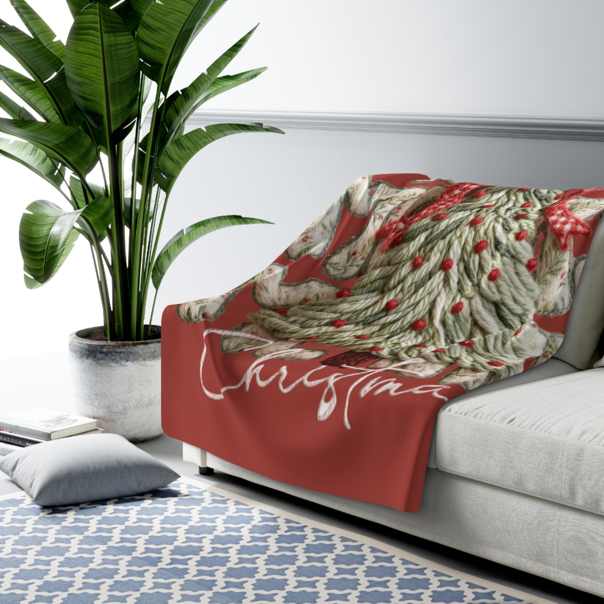 Winter Wonderland Cartoon Fleece Blanket Christmas Sherpa Blanket  'Merry Merry' Knitted Tree Fleece Throw
