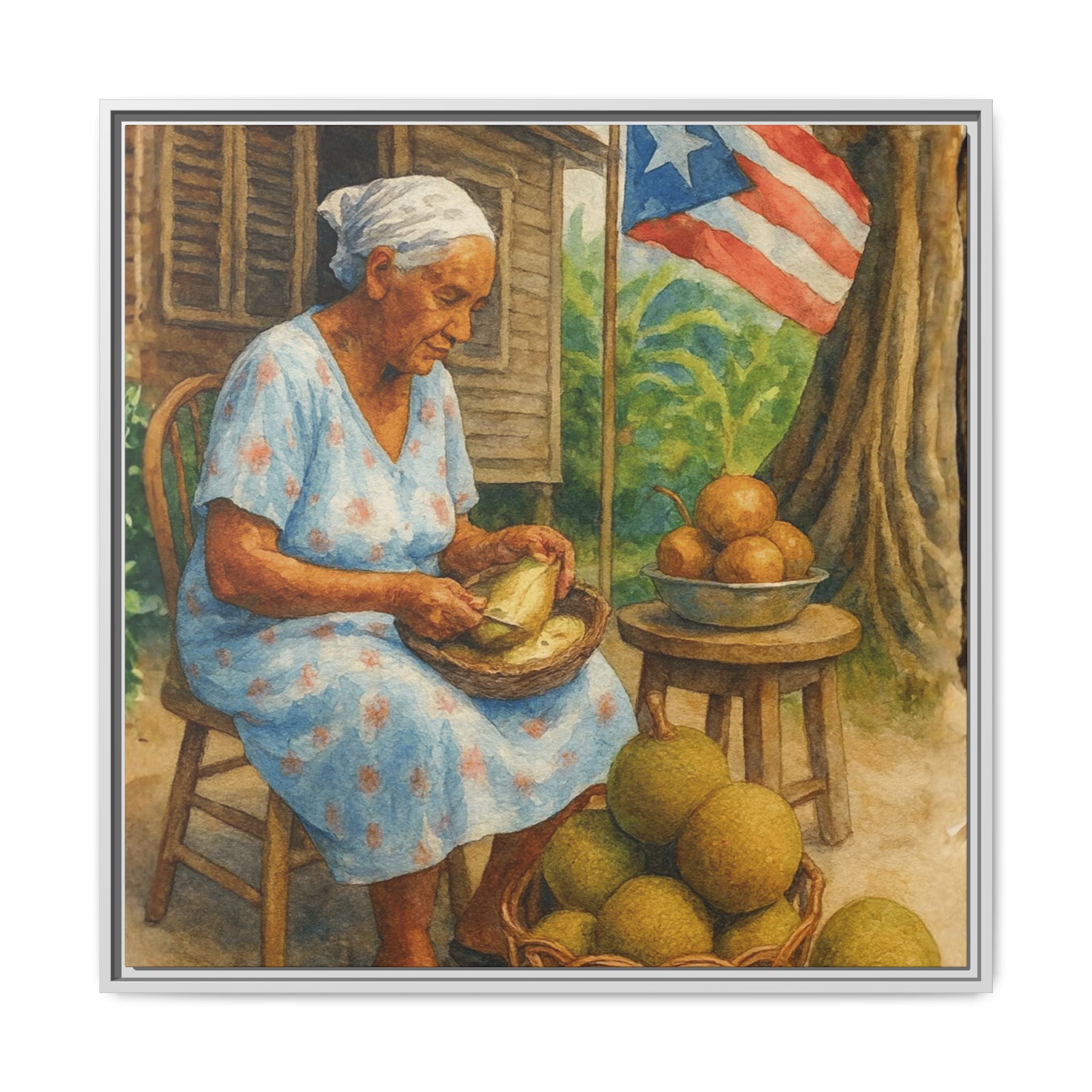 Cultural & Story-Driven These Puerto Rico inspired  Framed Matte Canvas Print  Woman Shelling Fruit Vintage Tropical Painting