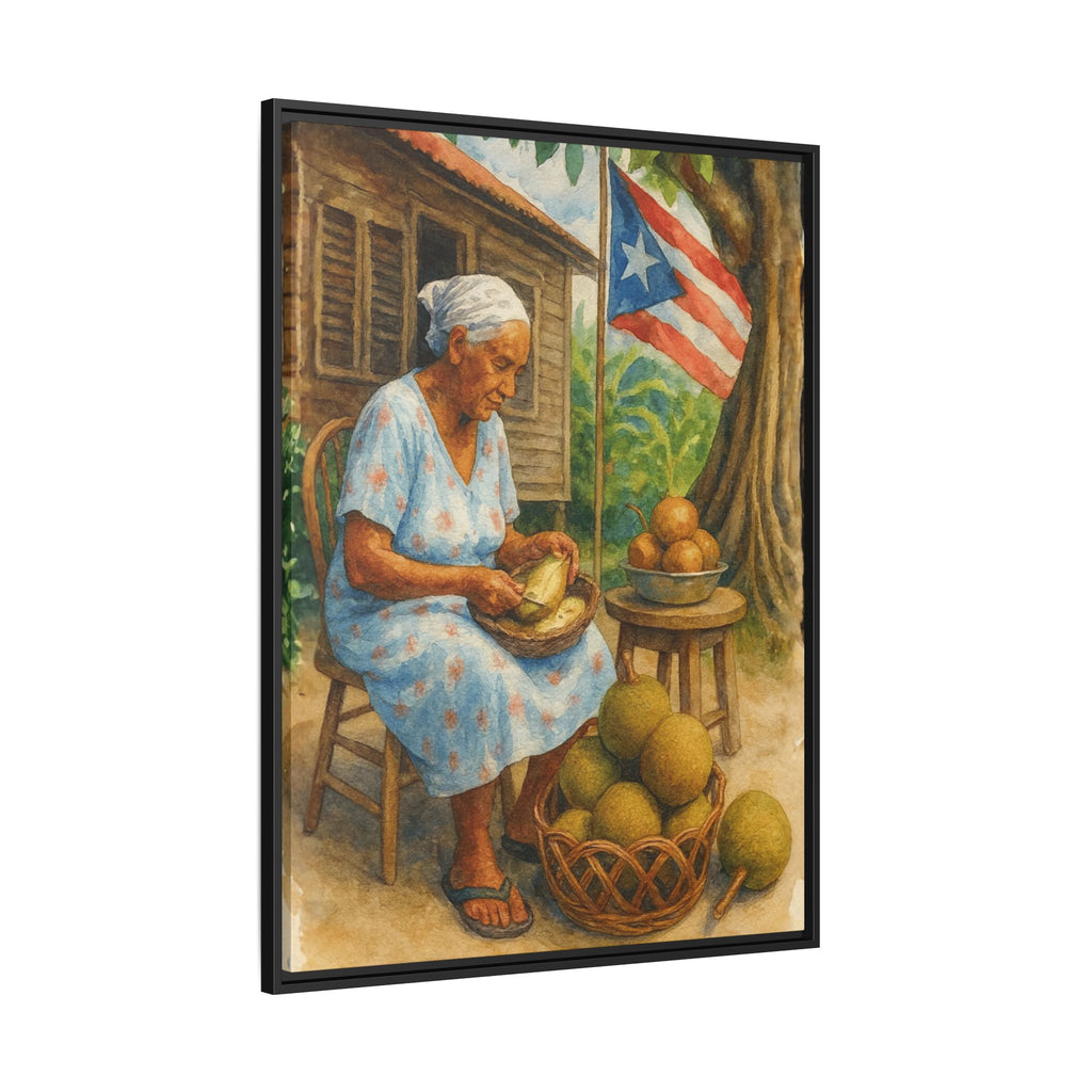 Cultural & Story-Driven These Puerto Rico inspired  Framed Matte Canvas Print  Woman Shelling Fruit Vintage Tropical Painting