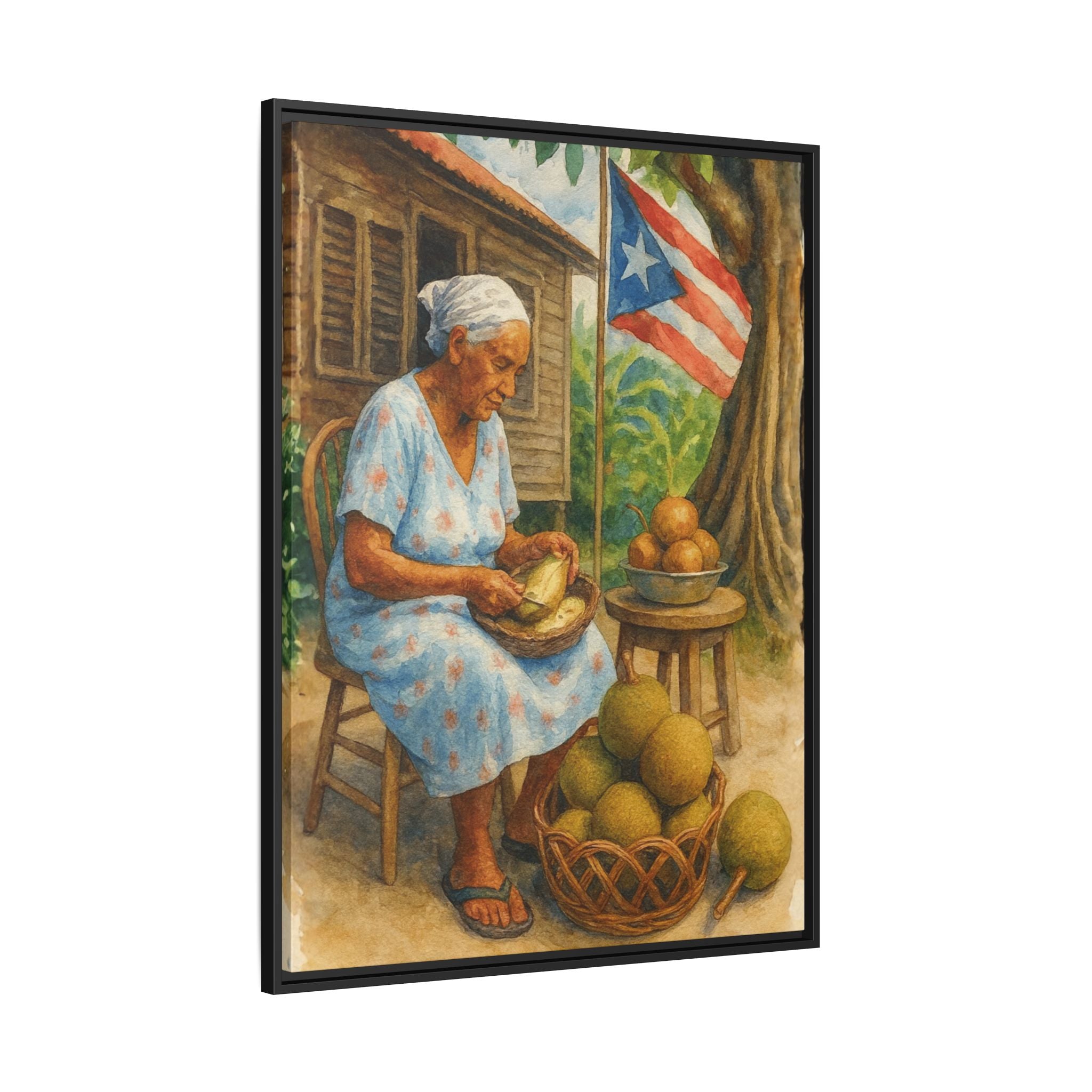 Cultural & Story-Driven These Puerto Rico inspired  Framed Matte Canvas Print  Woman Shelling Fruit Vintage Tropical Painting