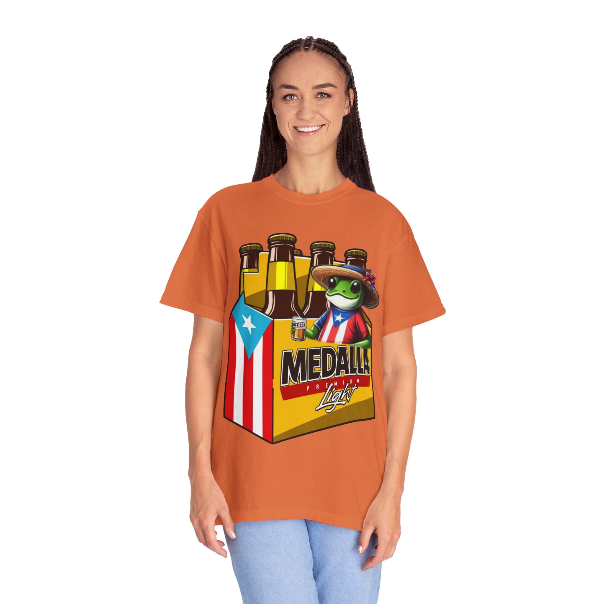 Medalla Light Puerto Rican Beer T-Shirt Coqui Frog Mascot Six-Pack Graphic Tee Puerto Rico’s Navidades