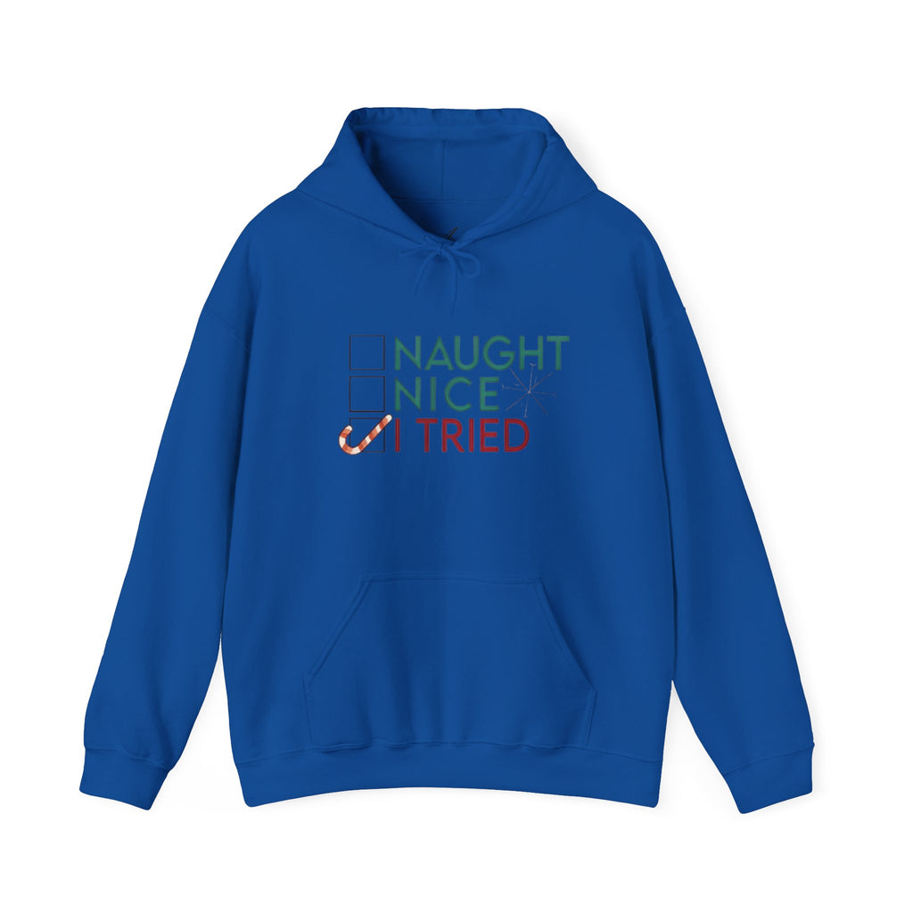 Holiday Hoodie — "Naughty, Nice, I Tried" Funny Christmas Sweatshirt