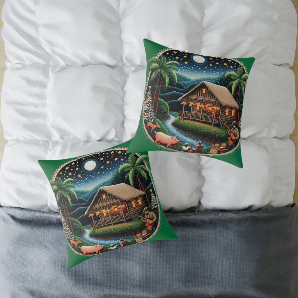 Island Night Cottage Pillow  Tropical Moonlit Cabin Throw Pillow Puerto Rico Culture Pillow