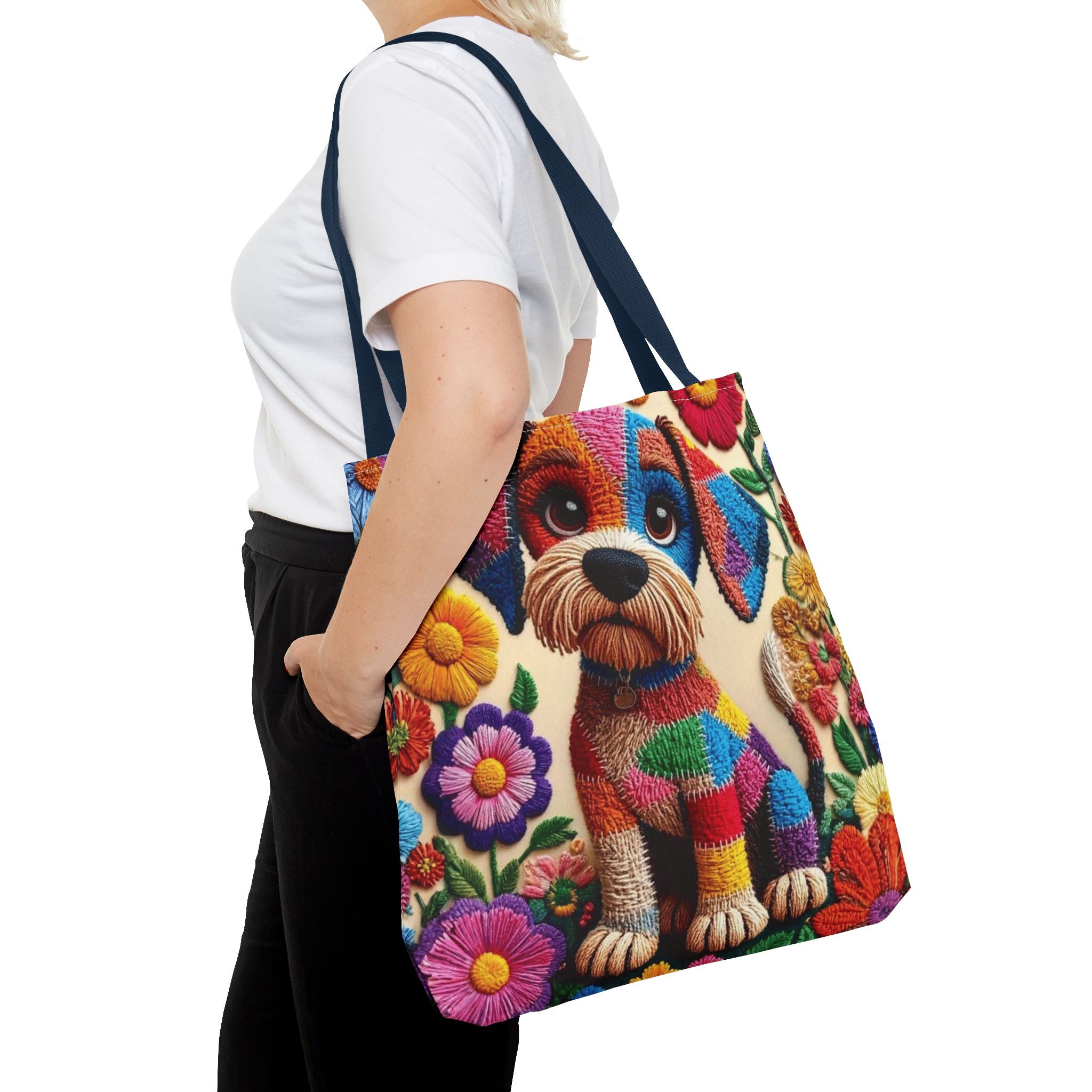 Colorful Patchwork Puppy Tote Bag — Cute Dog Floral AOP Shopper Crochet-Decorated Tote Bags