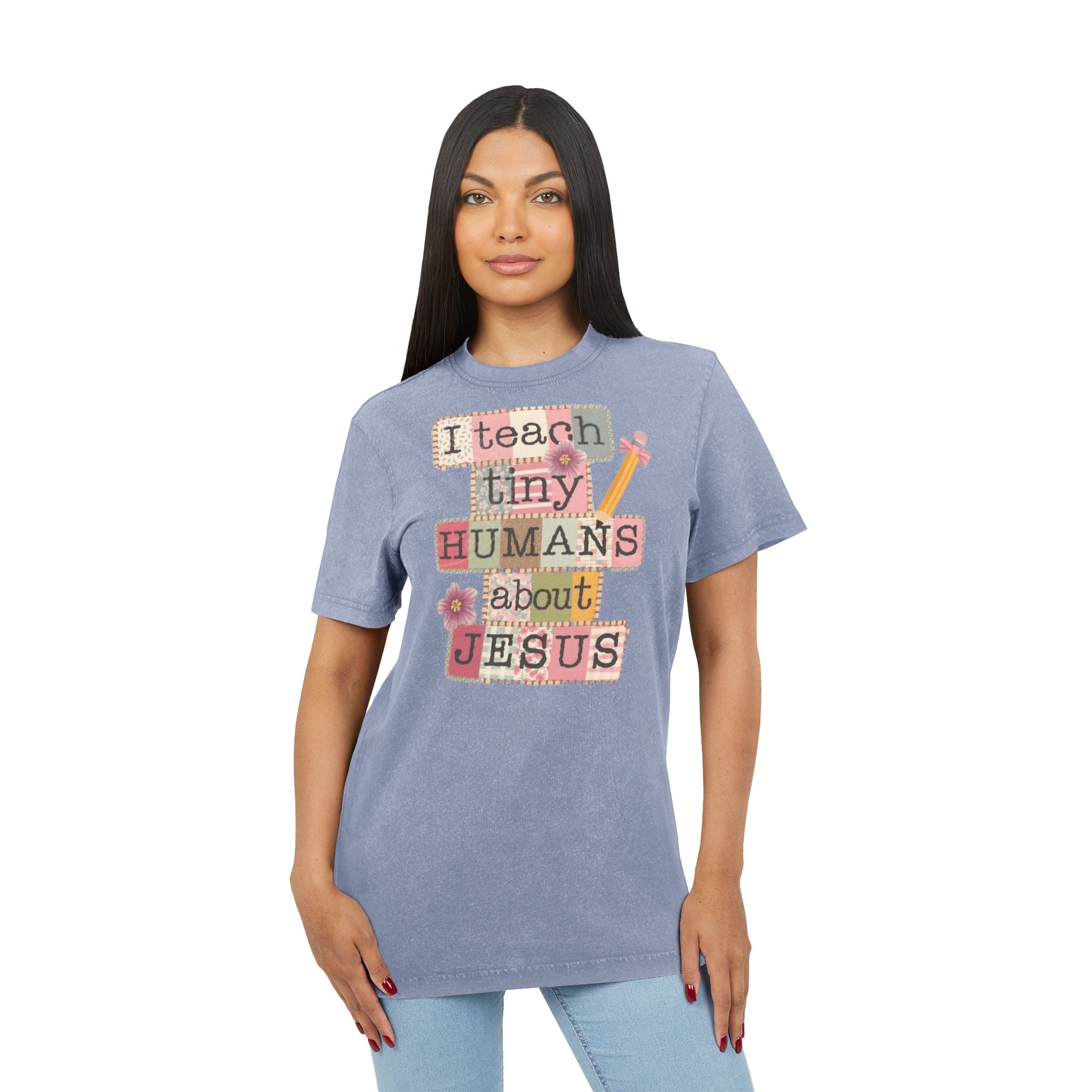 Christian Teacher Acid-Wash Tee  "I Teach Tiny Humans About Jesus"