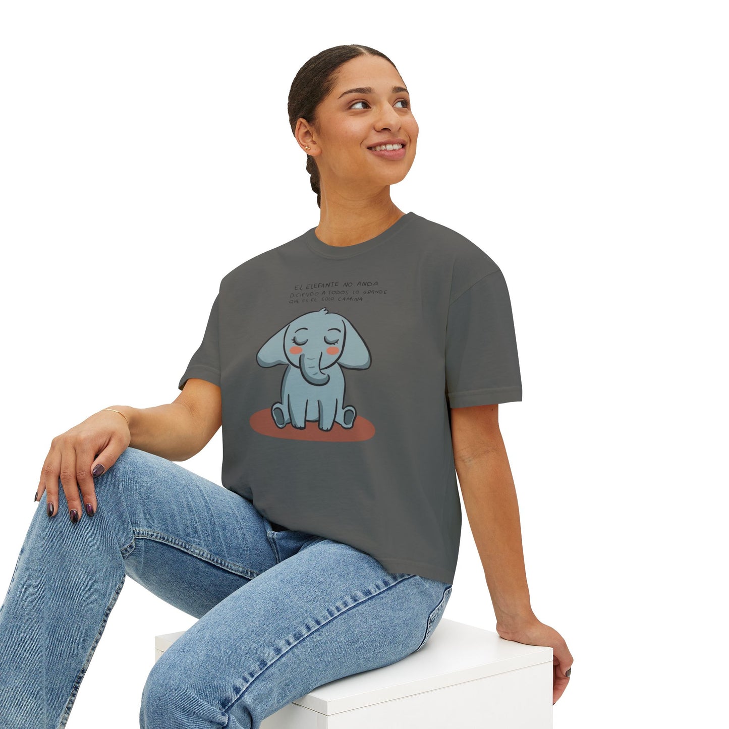 🌸 🧘‍♀️ Viste tu paz – Que tu energía hable primero Cute Elephant Women's Boxy Tee, Relaxed Fit Shirt, Gift for Animal Lovers, Casual Wear,