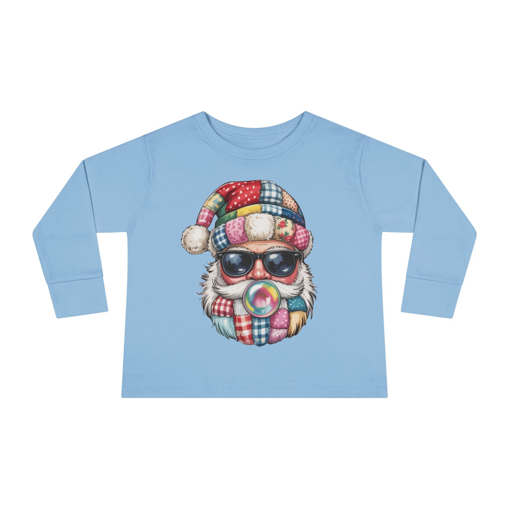 Toddler Long Sleeve Tee  Cool Santa with Patchwork Hat & Bubblegum Graphic