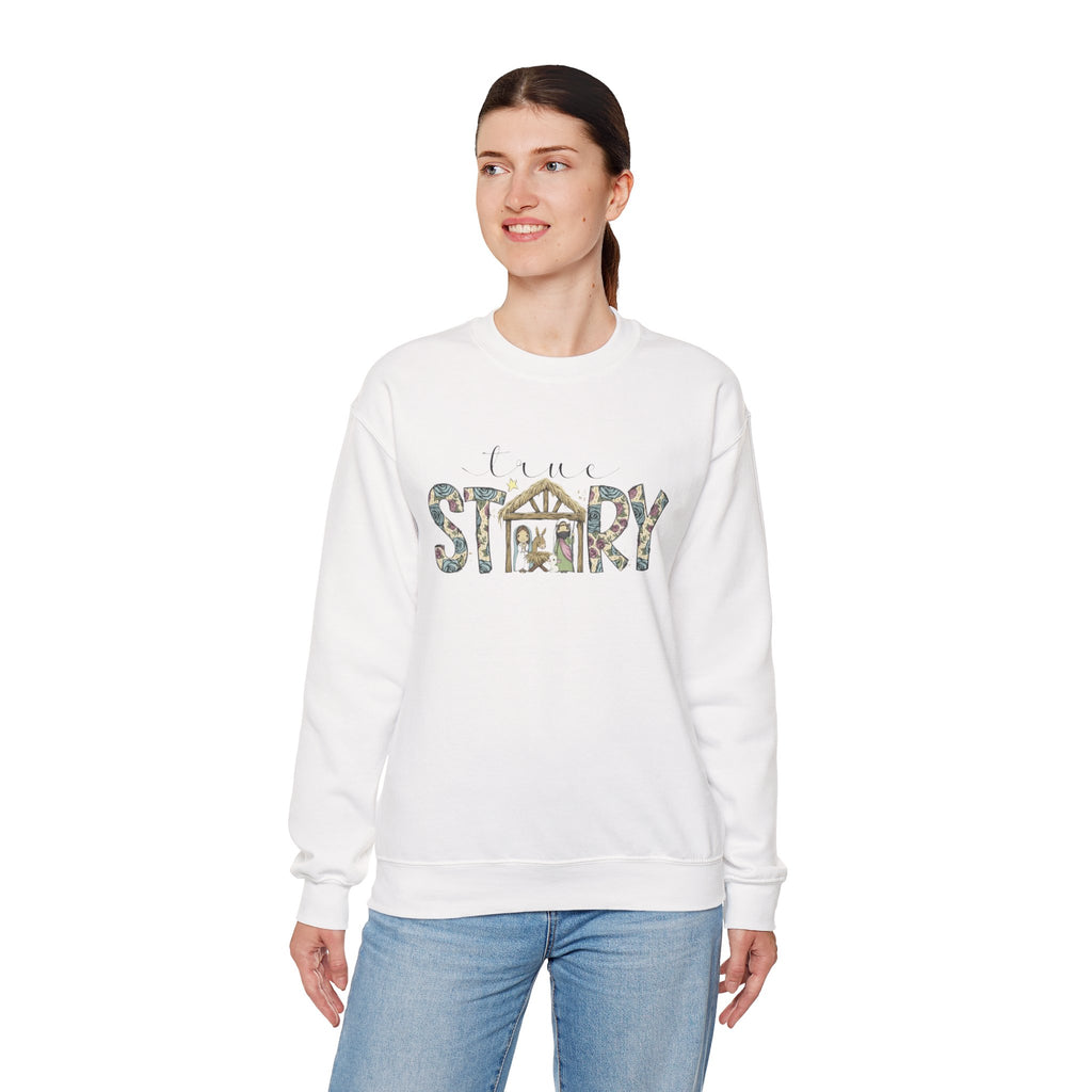Crewneck Sweatshirt "Come Story" Floral Nativity Design  Cozy Christmas Pullover unique festive designs and joyful