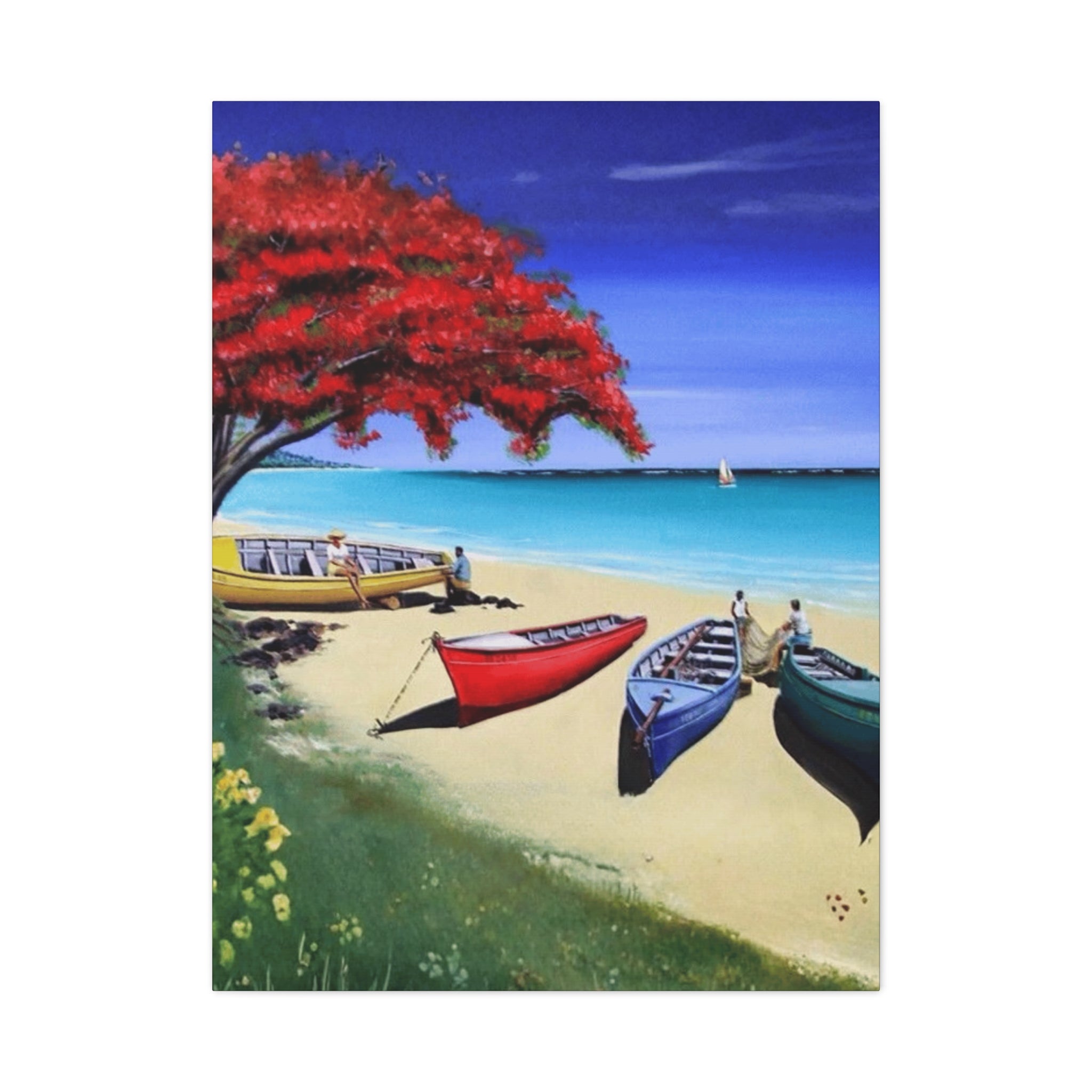 Beach Canoes Canvas Wall Art Tropical Seaside Landscape Matte Stretched Canvas